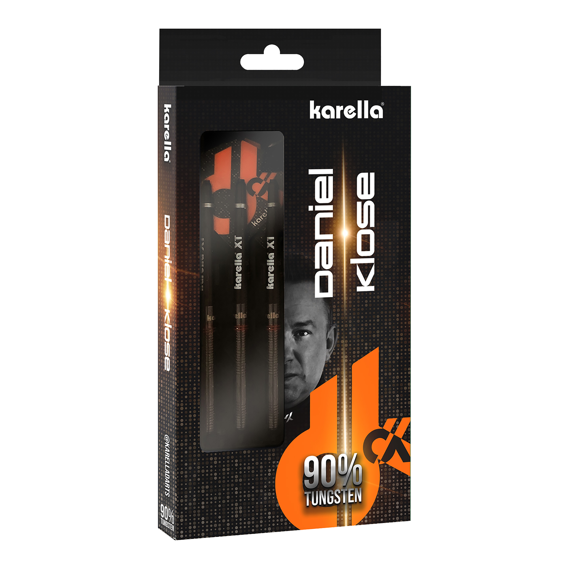 Karella Daniel Klose fléchettes en acier Die Verpackung zeigt die Karella Daniel Klose Steeldarts. Die Darts bestehen zu 90% aus Wolfram.