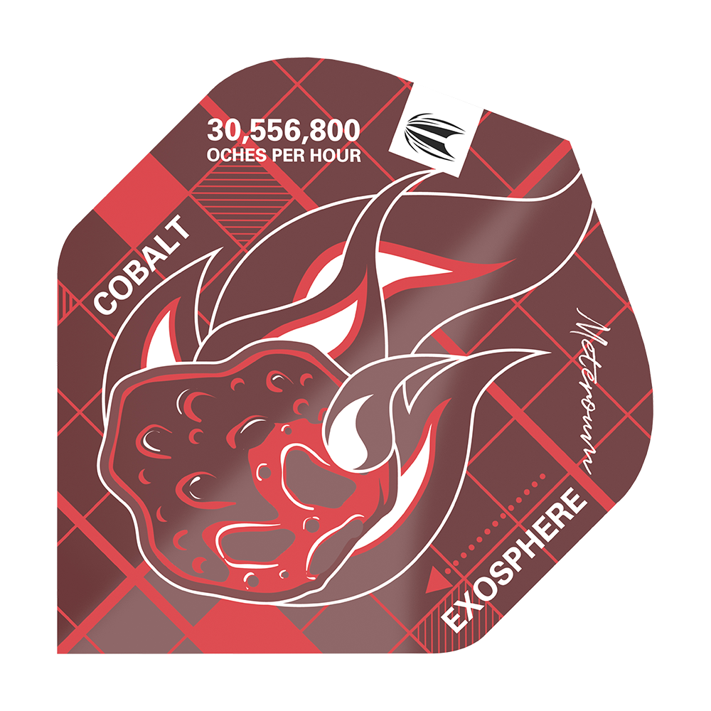 TG24_336090_Target_Blueprint_Pro_Red_No2_Standard_Flights_1 Das Bild zeigt ein rotes Dart-Flight mit einer brennenden Meteor-Grafik. Auf dem Flight stehen die Wörter "COBALT", "EXOSPHERE" sowie "30,556,800 OCHES PER HOUR".
