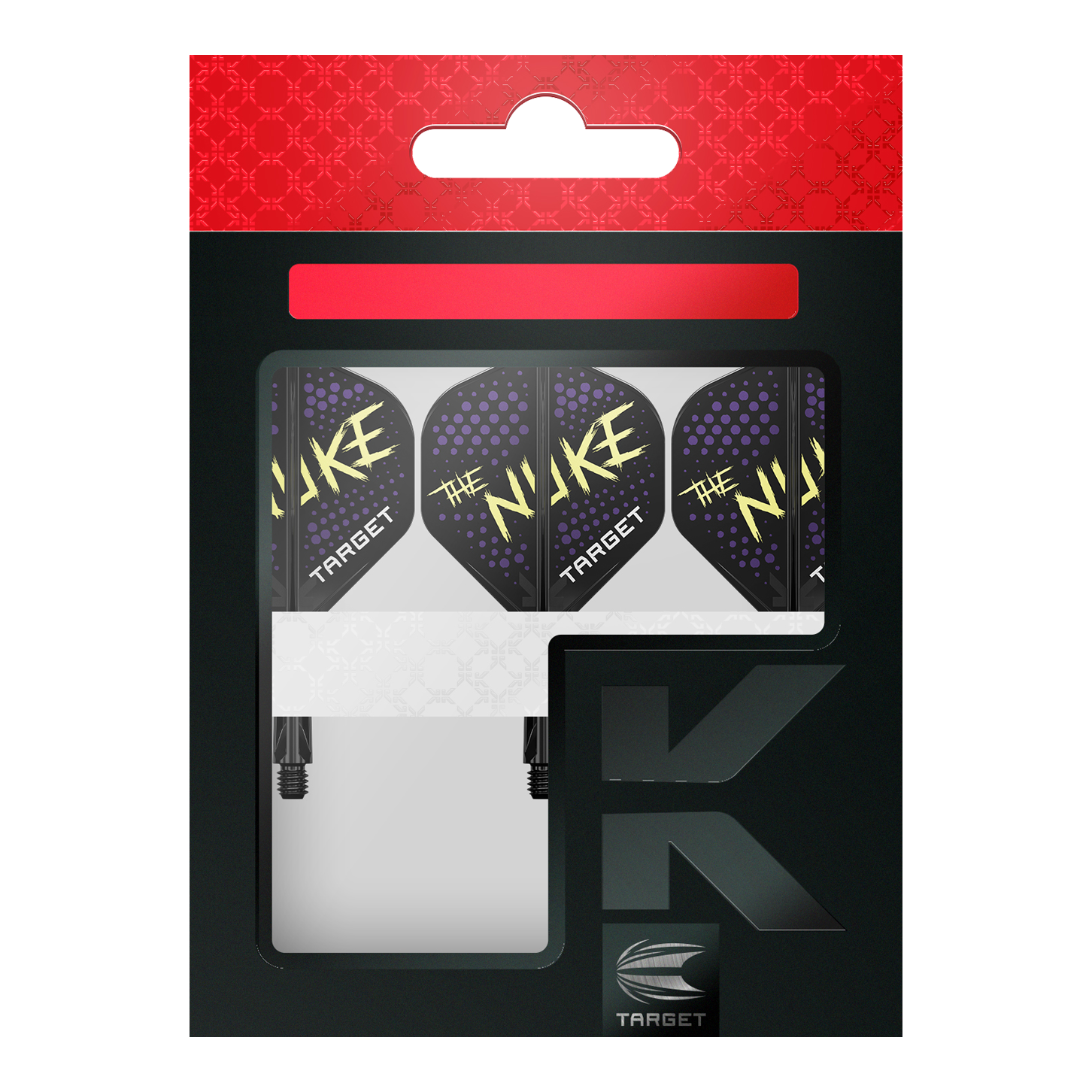 Système de vol standard Target K-Flex Luke Littler Black No2 Auf dem Bild ist eine Packung mit Dartflights der Marke Target zu sehen. Die Flights sind schwarz mit lilafarbenen Punkten und dem gelben Schriftzug "The Nuke".