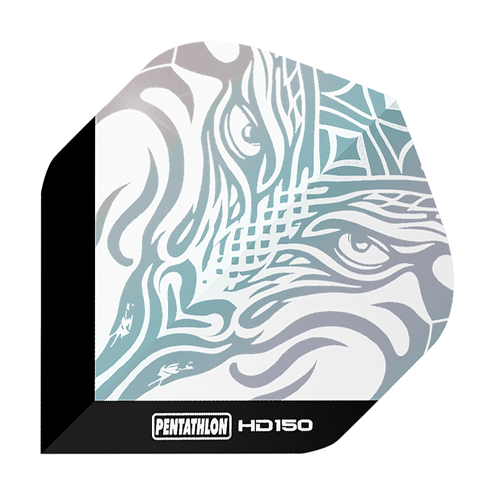 Vols standard transparents métalliques Pentathlon HD150 Das Bild zeigt das Produkt "Pentathlon HD150 Metallic Clear Standard Flights". Auf dem Flight ist ein stilisiertes, metallisch schimmerndes Muster zu sehen, das an ein Tiergesicht erinnert.