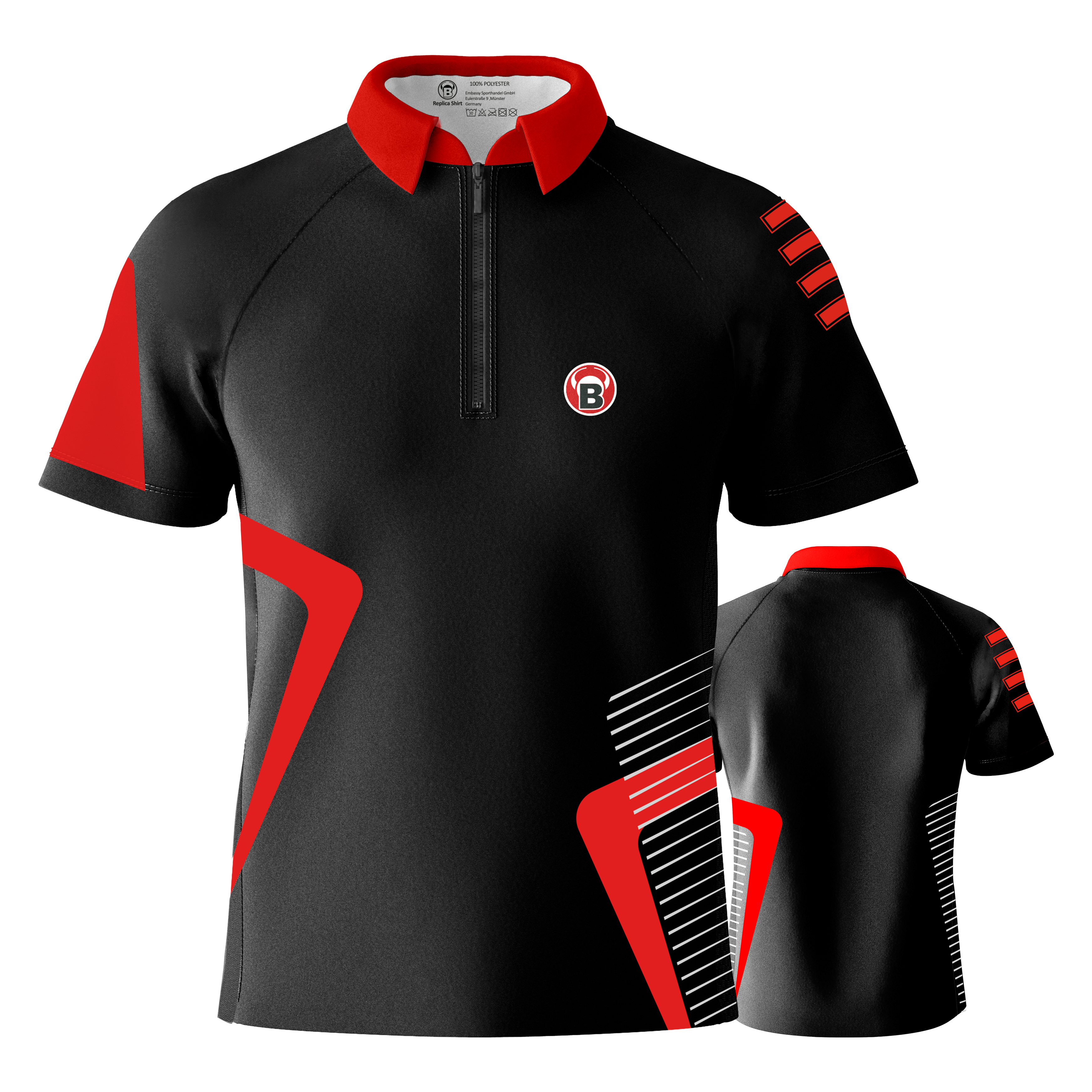 T-shirt Bulls Team Dart - Rouge Das Bild zeigt ein schwarzes Dartshirt mit roten und weißen Akzenten. Das Shirt hat einen roten Kragen und das Bulls-Logo auf der Vorderseite.