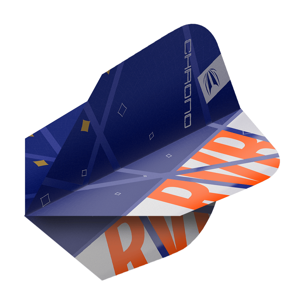 Ailettes standard Target Pro Ultra Raymond Van Barneveld Chrono Ten-X - 3 jeux Das Bild zeigt ein Dart-Flight aus der Serie "Target Pro Ultra Raymond Van Barneveld Chrono Ten-X Standard". Das Flight ist hauptsächlich blau mit orangefarbenen und weißen Akzenten sowie dem Schriftzug "RV" und "CHRONO".