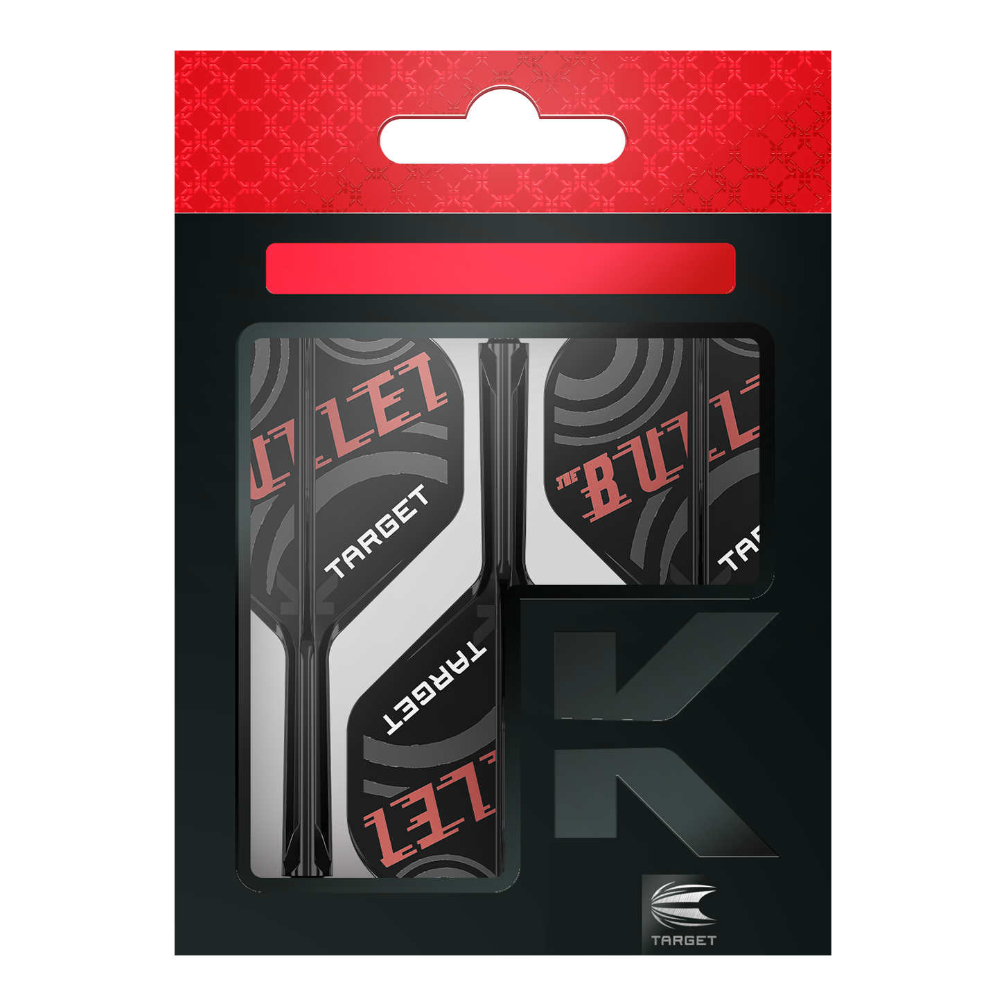 Die Abbildung zeigt eine Verpackung der "Target K-Flex Stephen Bunting No2 Standard Flights". Die Flights sind schwarz, weiß und rot gestaltet und tragen die Aufschrift "THE BULLET" sowie "TARGET".
