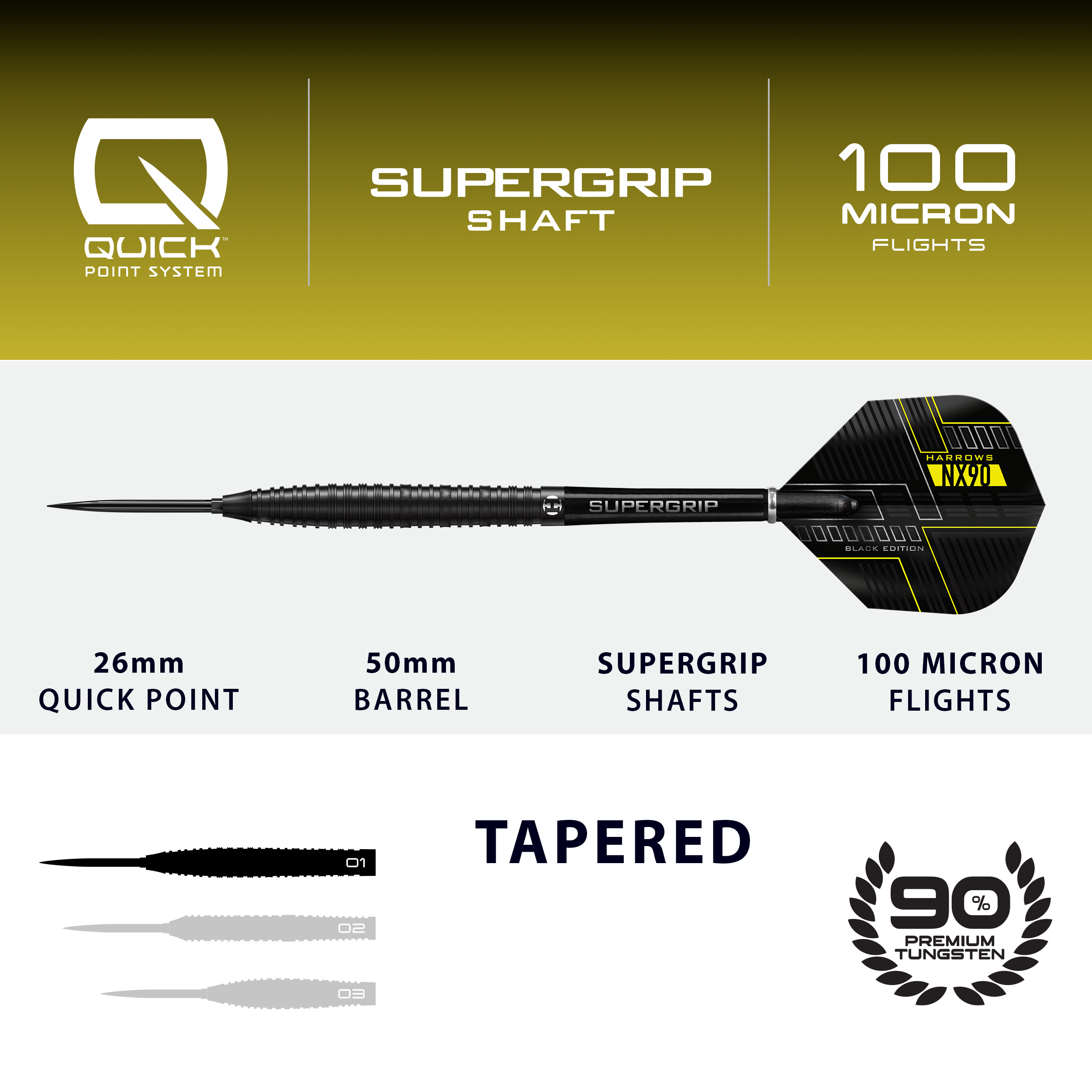 Fléchettes en acier Harrows NX90 Black Edition à pointe rapide conique Das Bild zeigt die Harrows NX90 Black Edition Tapered Quick Point Steeldarts. Diese Steeldarts zeichnen sich durch ihr modernes schwarzes Design aus.