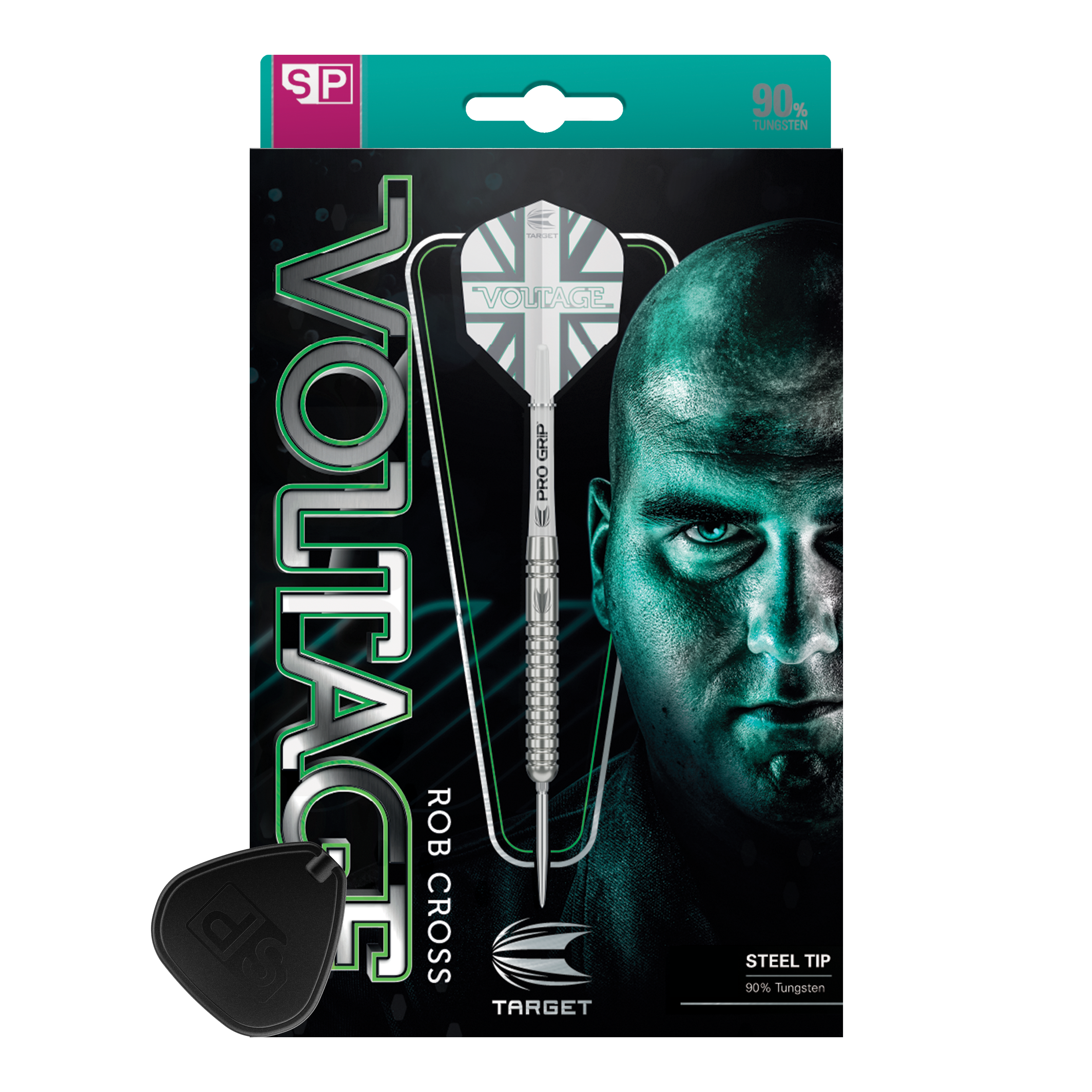 Fléchettes en acier Target Rob Cross Voltage Swiss Point à pointes suisses Das Bild zeigt die Verpackung der "Target Rob Cross Voltage Swiss Point Steeldarts". Auf der Verpackung sind ein Dartpfeil und das Gesicht eines Mannes prominent abgebildet.