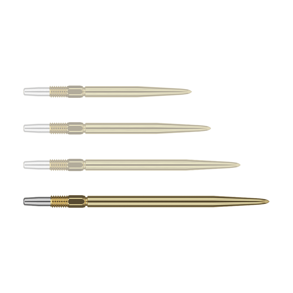 Pointes de fléchettes Target Swiss Point Gold Auf dem Bild sind vier goldfarbene Dartspitzen zu sehen, die nebeneinander liegen. Die Spitzen haben einen silbernen Abschnitt am linken Ende und sind ansonsten komplett goldfarben.