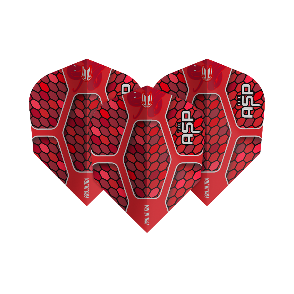 TG386_334440_Target_ProUltra_Nathan_Aspinall_Red_No6_Flights_1PVEZnZHf9xIJs Das Bild zeigt drei rote Dart-Flights mit dem Namen "Target ProUltra Nathan Aspinall Red No6 Flights". Die Flights haben ein Wabenmuster und die Aufschrift "THE ASP" sowie "PRO ULTRA".