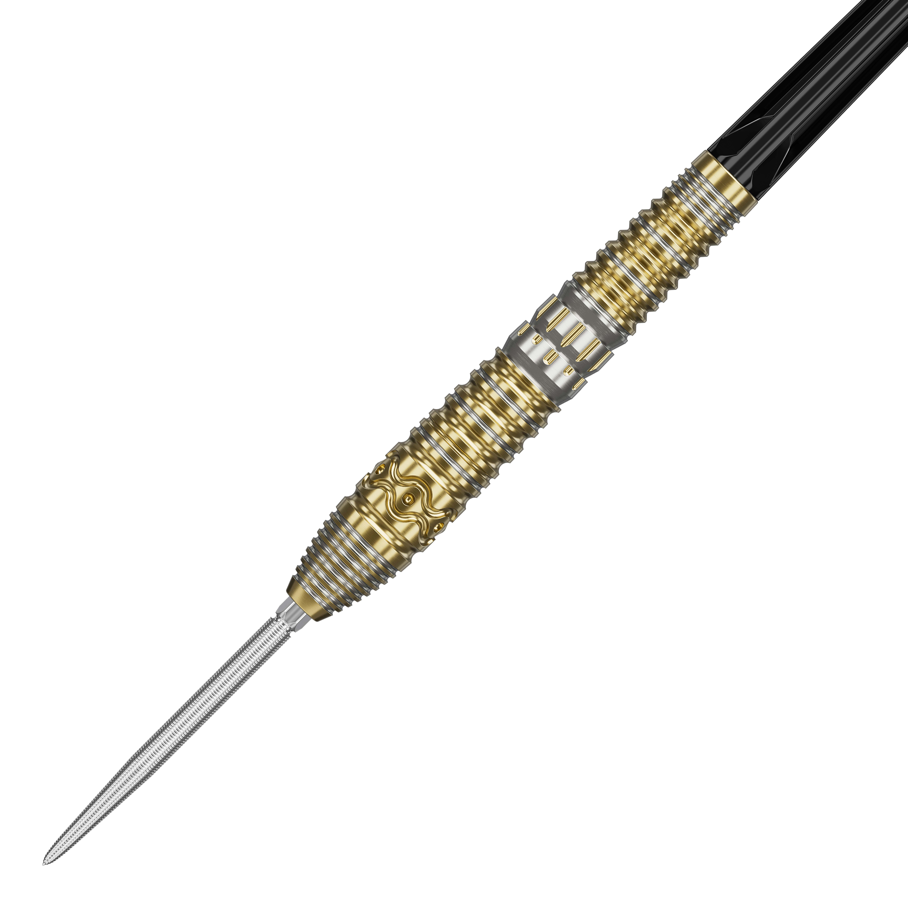Fléchettes en acier Target Japan Hot Shot GEN2 - 23 g Das Bild zeigt einen Target Japan Hot Shot GEN2 Steeldart mit einem Gewicht von 23g. Der Steeldart hat ein auffälliges Design mit goldenen und silbernen Rillen und Mustern am Barrel.