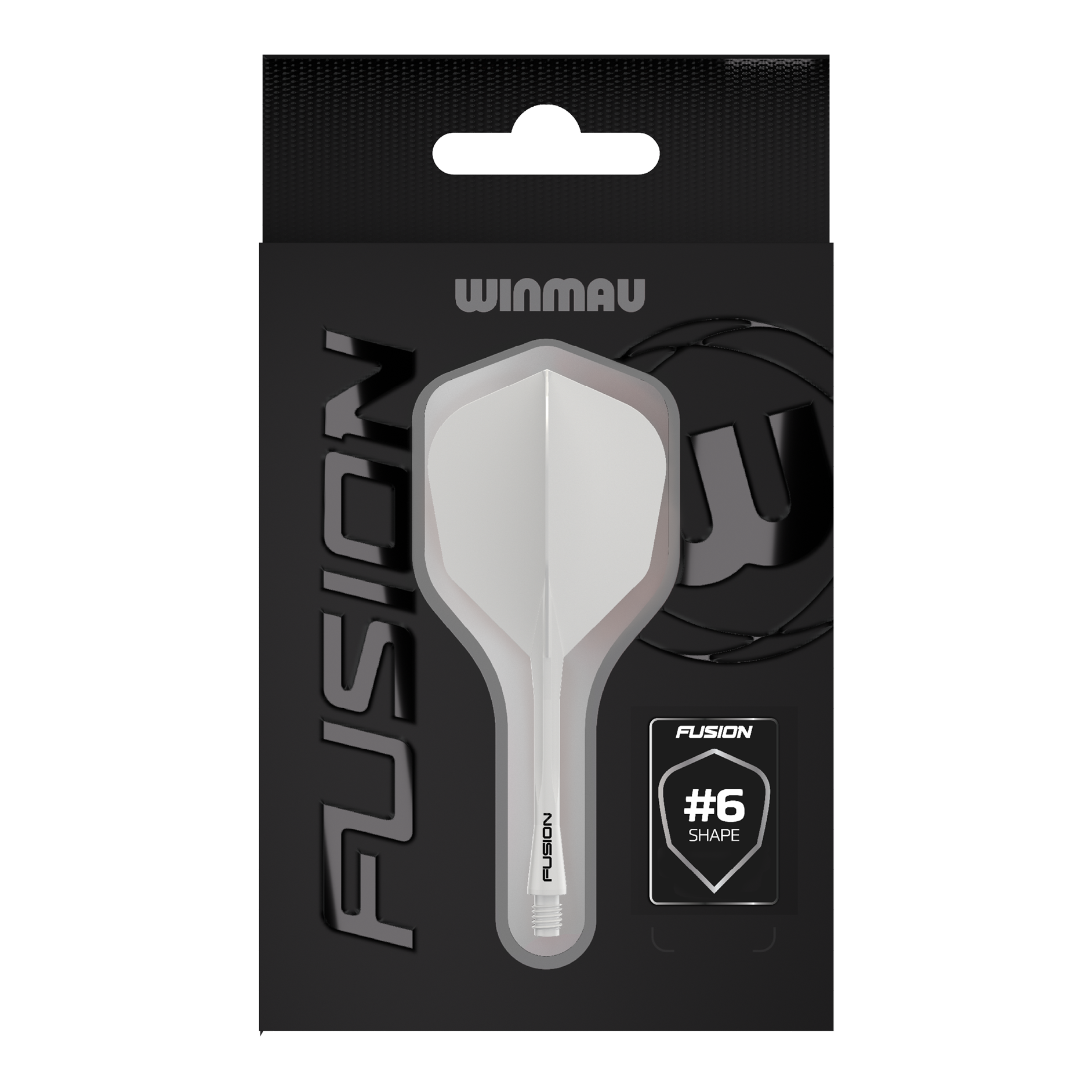 Das Bild zeigt das Winmau Fusion Flight-Shaft-System No6 Solid White. Es handelt sich um ein weißes Dart-Zubehör.