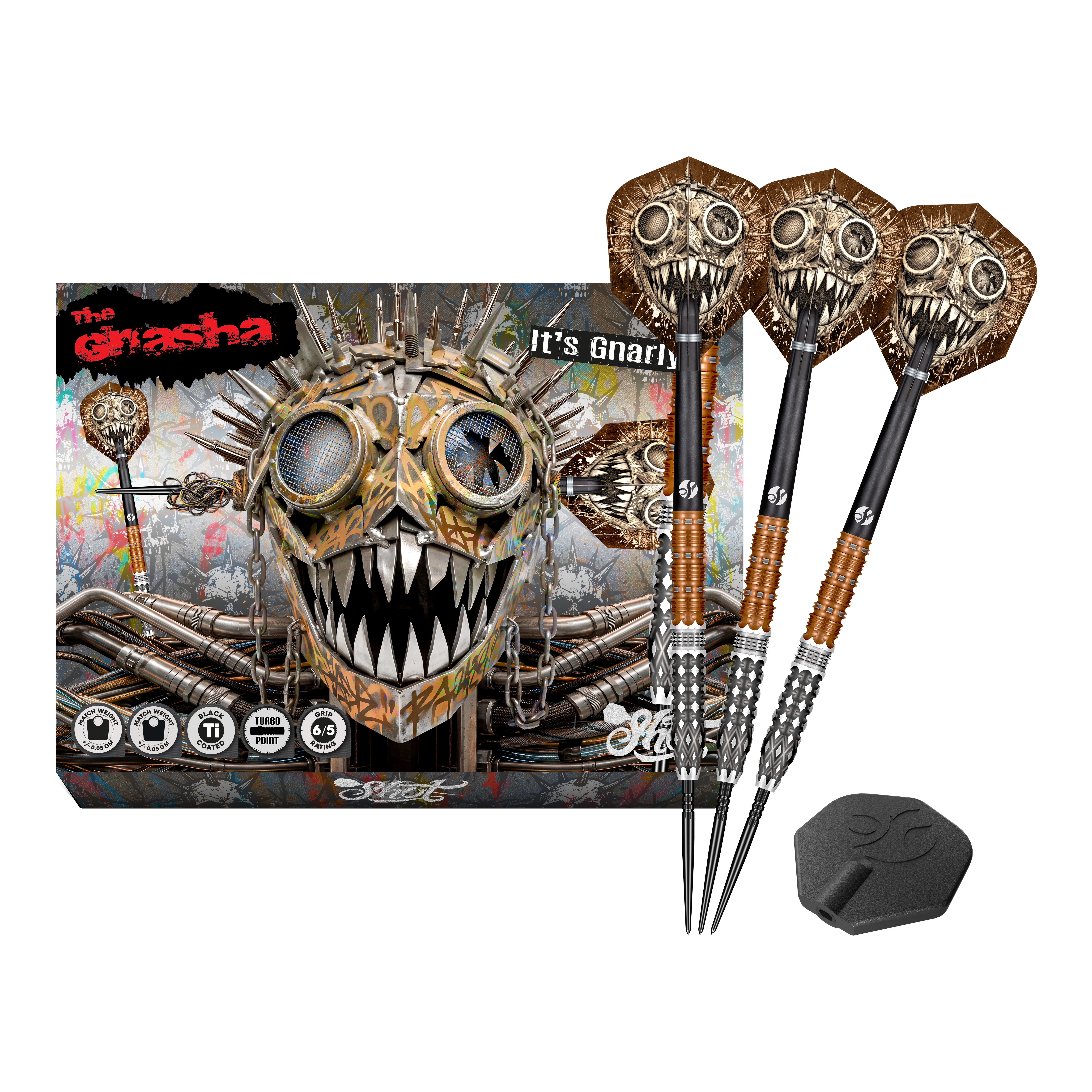 Dieses Bild stellt die Shot Gnarly Gnasha Turbo Point Steeldarts mit 23g vollständig dar. Das Set ist ideal für Dart-Liebhaber.