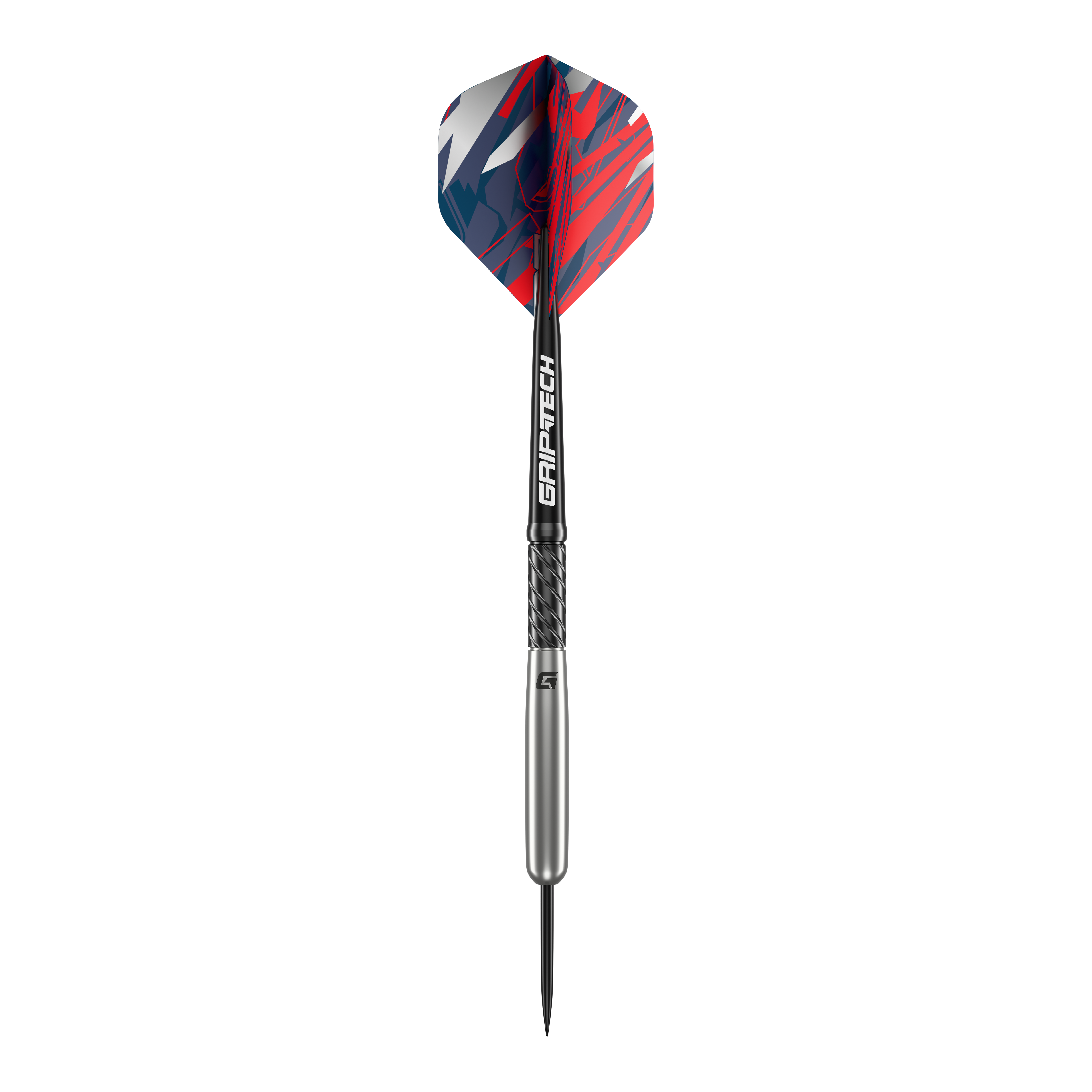 Fléchettes en acier tungstène GOAT Homerun Baseball Das Bild zeigt den GOAT Homerun Baseball Tungsten Steeldart. Der Dart hat auffällige Flights in Rot, Blau und Weiß sowie einen silbernen Schaft mit der Aufschrift "GRIP-TECH".