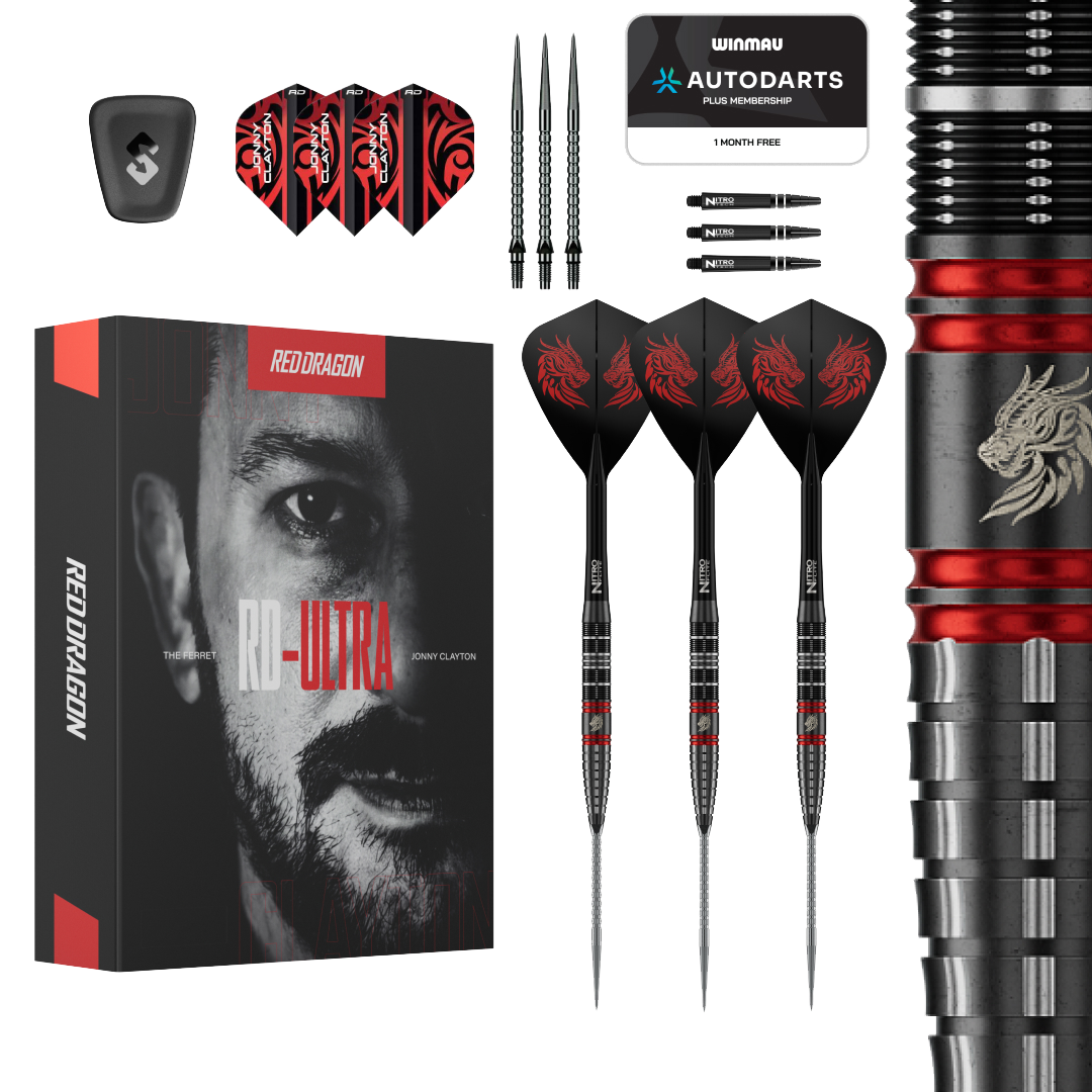 Fléchettes en acier Red Dragon Jonny Clayton RD-ULTRA Switch Point - 22 g Auf dem Bild ist das Produkt Red Dragon Jonny Clayton RD-ULTRA Switch Point Steeldarts - 22g zu sehen. Die Steeldarts befinden sich vor einem weißen Hintergrund.