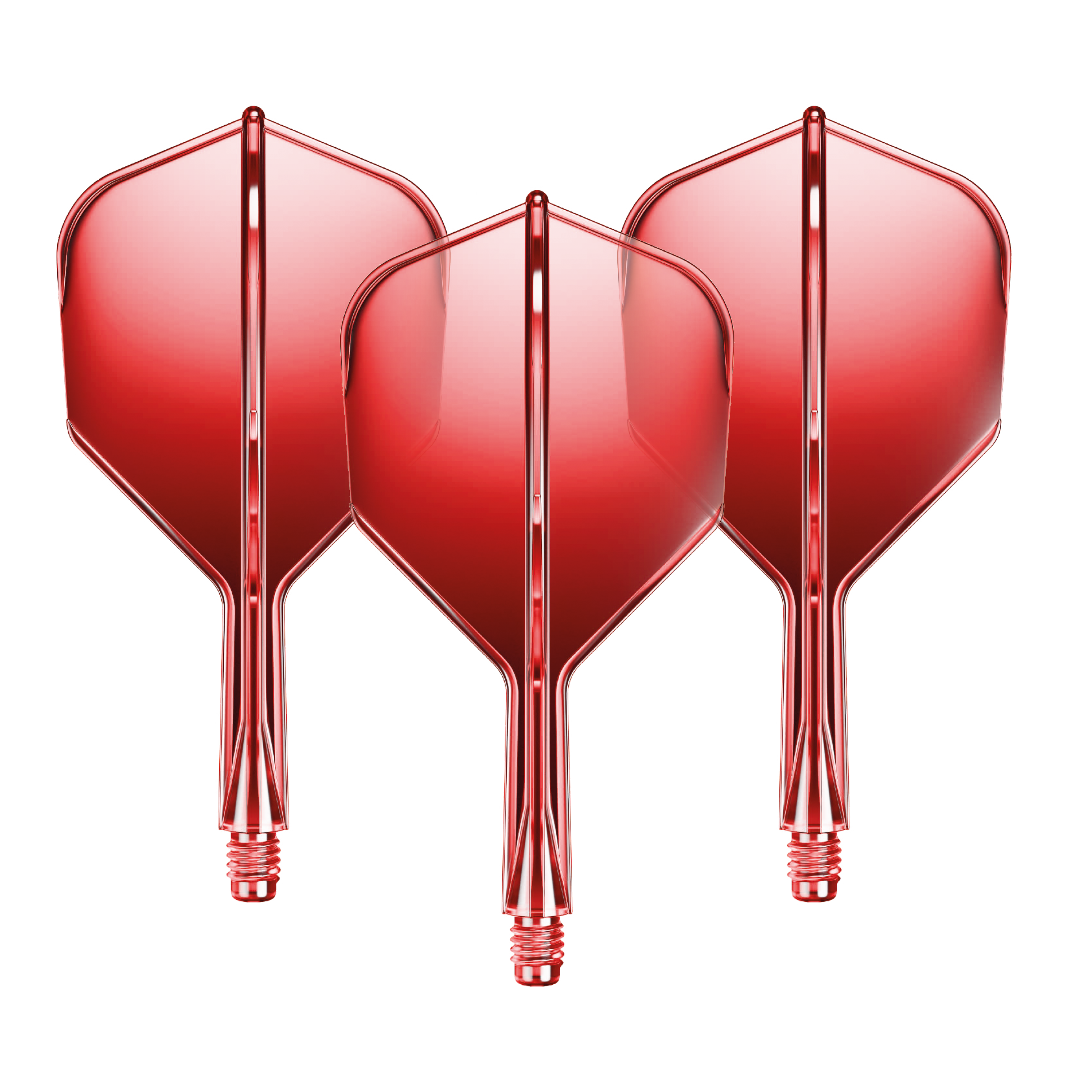 Système d'arbre de vol GOAT A1R n° 6 - Rouge Auf dem Bild sind drei rote Dart-Flights mit Shafts zu sehen. Sie sind gleichmäßig nebeneinander angeordnet und glänzen leicht.