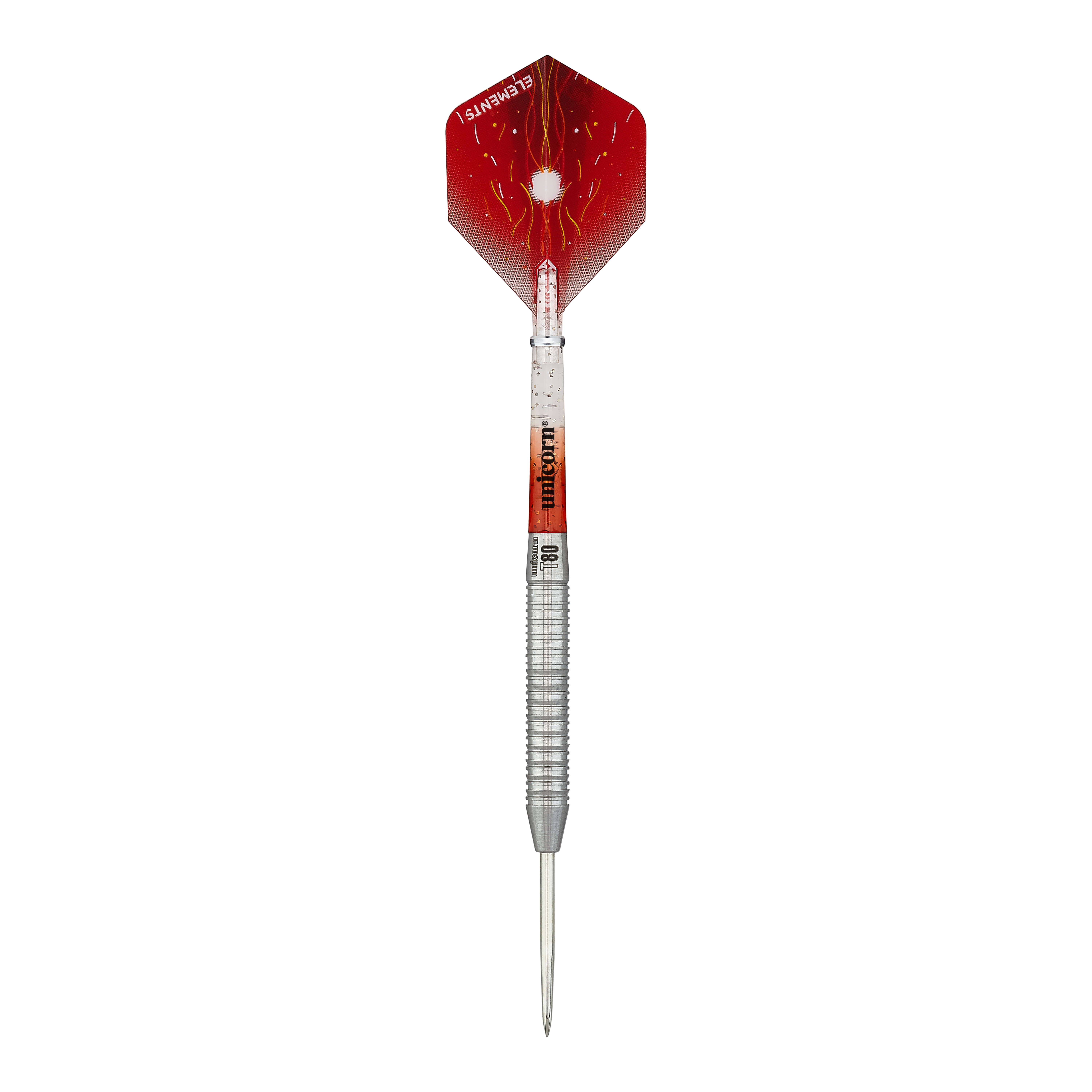 Fléchettes en acier Unicorn Core XL Striker Style 1 - 22 g Das Bild zeigt einen Unicorn Core XL Striker Style 1 Steeldart mit einem Gewicht von 22 Gramm. Der Dart hat eine silberne Spitze und einen roten Flight mit auffälligem Muster.