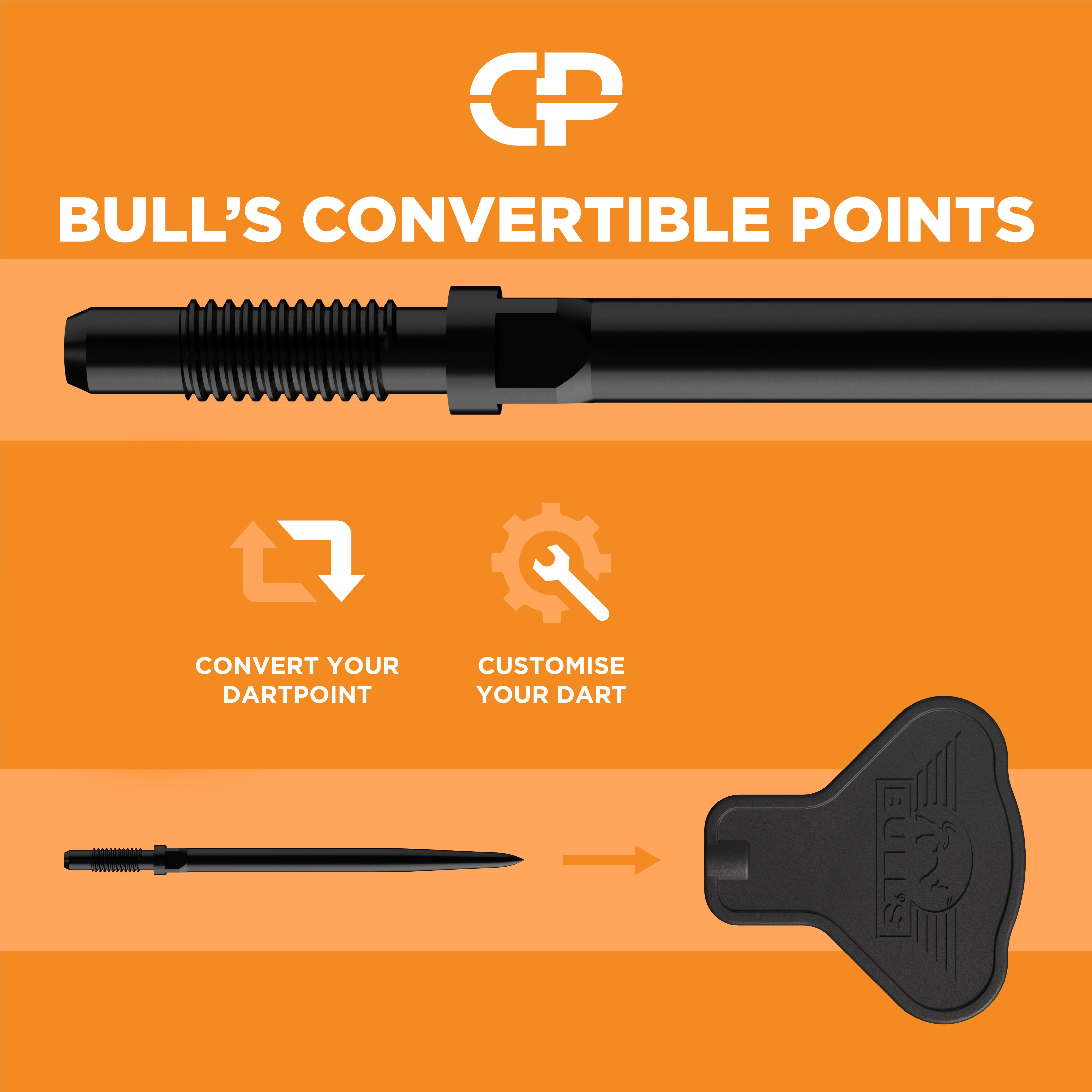 Outil de conversion des points Bulls NL Auf dem Bild ist das Bulls NL Convertible Points Tool zu sehen. Dieses Werkzeug wird zum einfachen Wechseln von Dartspitzen verwendet.