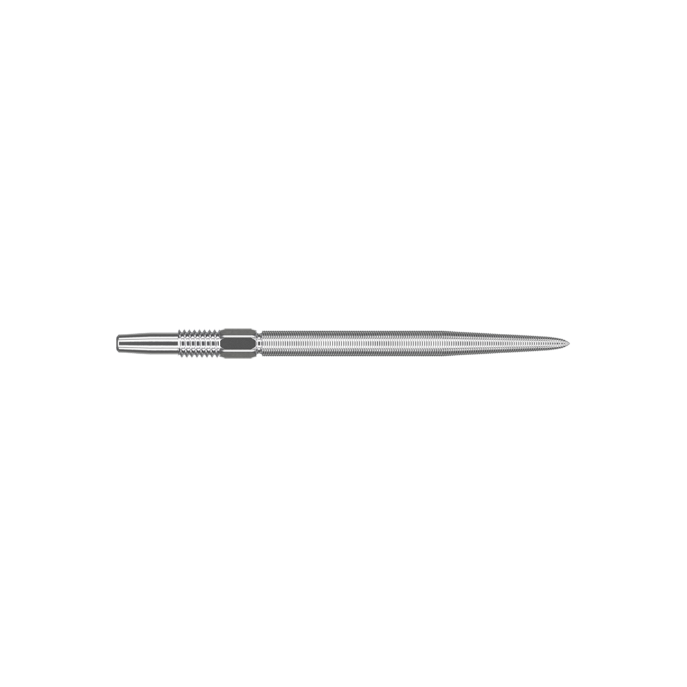 Pointes de fléchettes Target Swiss Point Nano - Argent Das Bild zeigt eine silberne Dartspitze in schlanker, länglicher Form. Die Oberfläche ist fein geriffelt und sieht präzise verarbeitet aus.