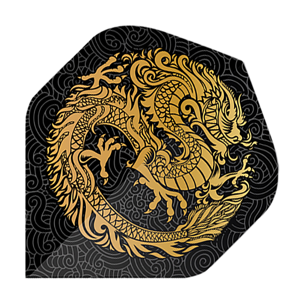 Vols de Pentathlon Dragon noir Das Bild zeigt die Pentathlon Dragon 2 Standard Flights. Auf schwarzem Hintergrund ist ein goldener Drache kunstvoll dargestellt.