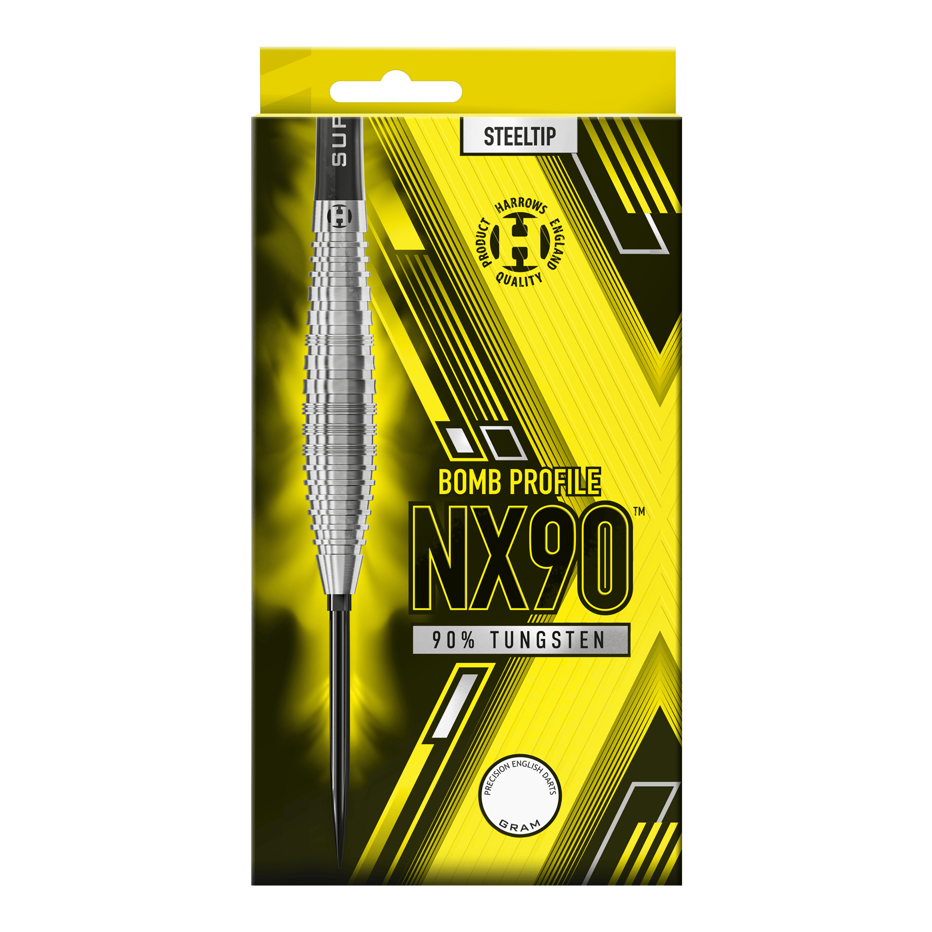 Fléchettes en acier Harrows NX90 Bomb Quick Point Das Bild zeigt die Harrows NX90 Bomb Quick Point Steeldarts. Es handelt sich um hochwertige Steeldarts für das Dartspiel.