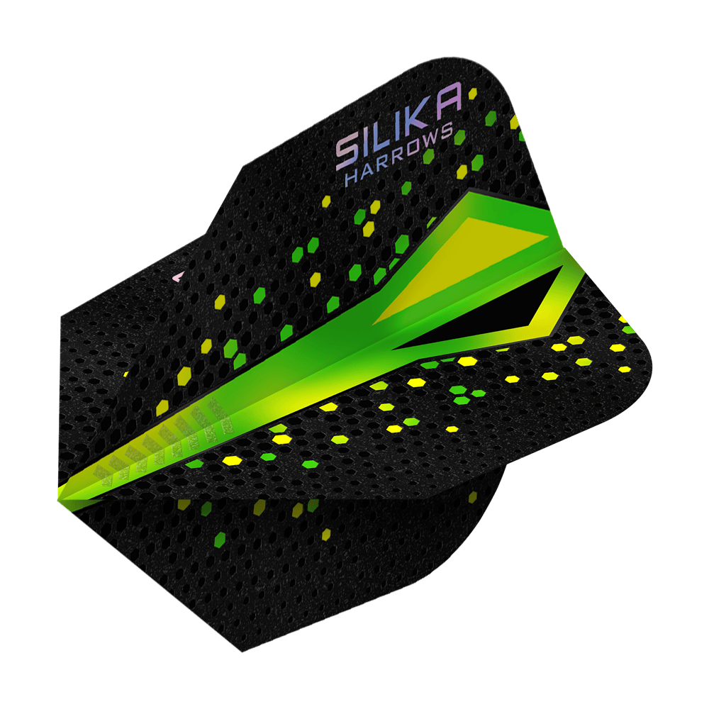 Revêtement cristallin résistant Harrows Silika Colourshift Vert No6 Vols Das Bild zeigt ein Dartflight der Marke Harrows mit dem Namen „Silika Colourshift Tough Crystalline Coating Green No6“. Das Flight ist überwiegend schwarz mit grünen und gelben Akzenten sowie hexagonalen Mustern.
