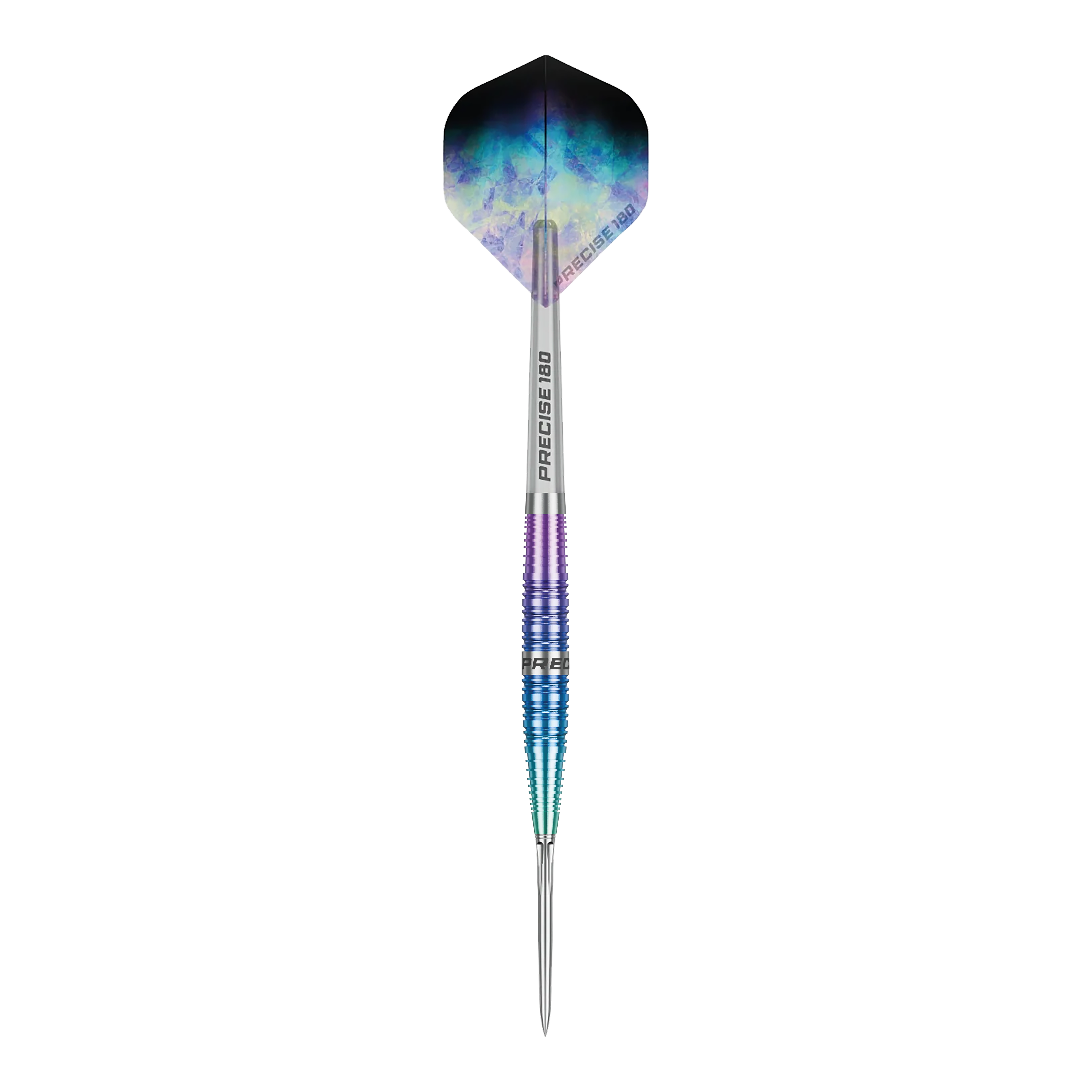 Abgebildet ist ein einzelner Precise 180 Northern Lights Steeldart. Der Dartpfeil hebt sich klar vom Hintergrund ab.