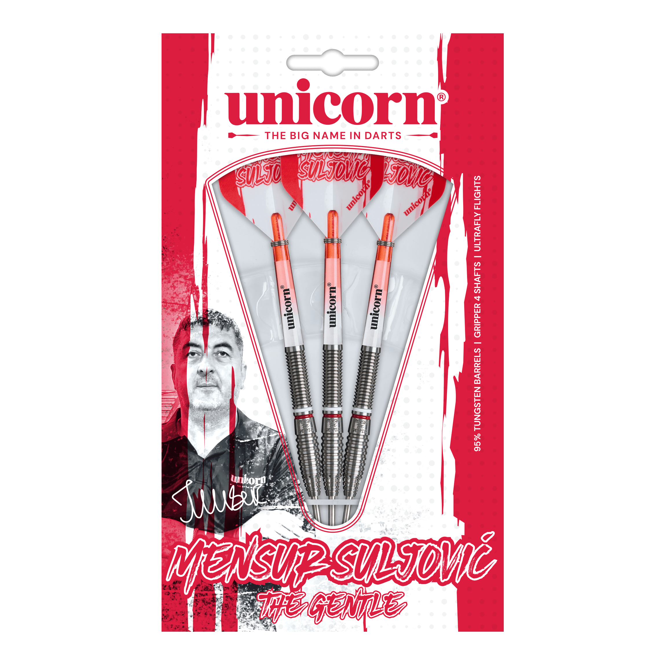 Fléchettes en acier Suljovic The Gentle à l'échelle de la licorne - 23 g Abgebildet ist das Unicorn Mensur Suljovic The Gentle Steeldarts-Set mit 23g Gewicht. Diese Darts sind für alle gedacht, die Mensur Suljovic schätzen.