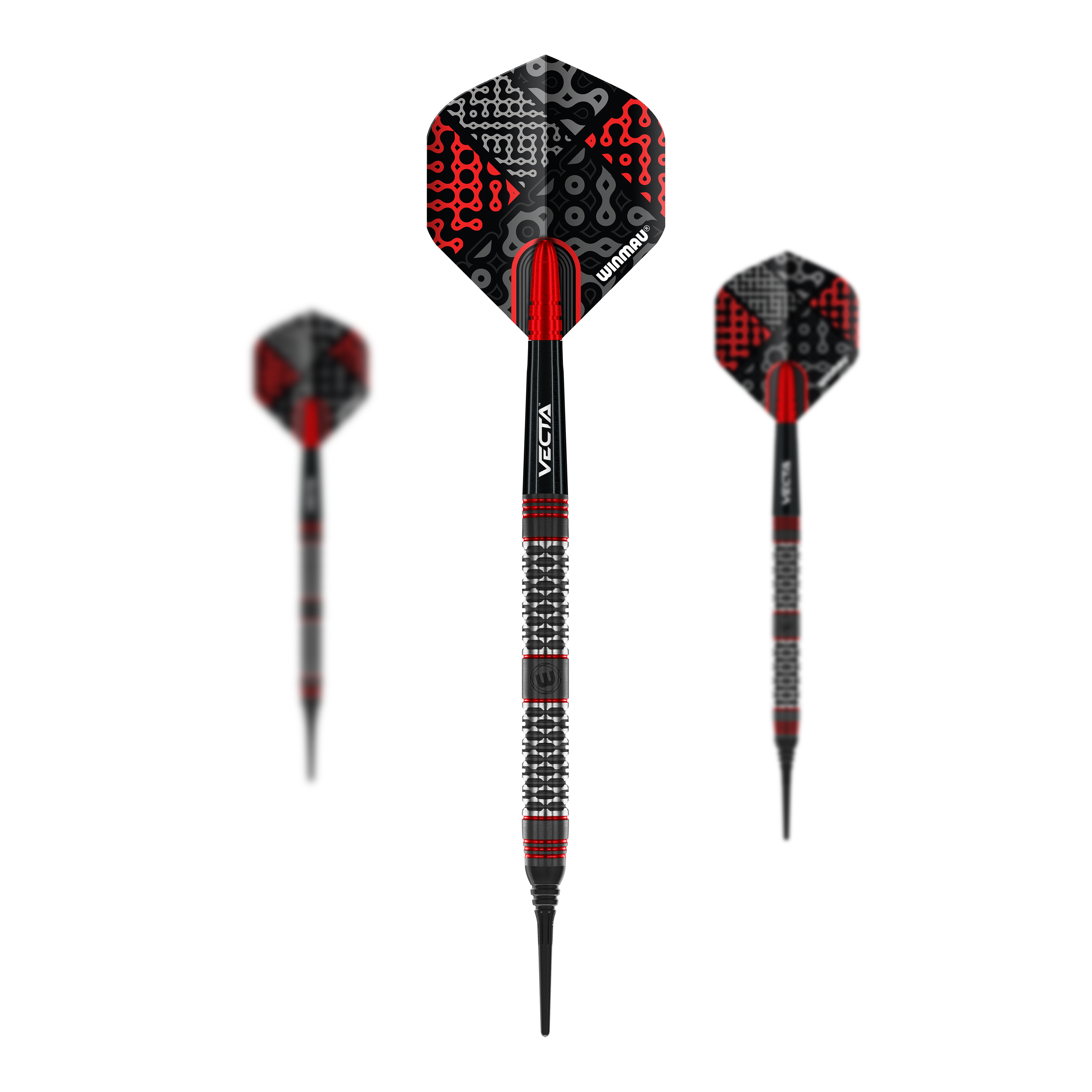 Fléchettes souples Winmau Cypher - 20 g Das Bild zeigt drei Winmau Cypher Softdarts mit einem Gewicht von 20 Gramm. Die Darts haben ein auffälliges Design in Schwarz und Rot mit strukturiertem Griff.