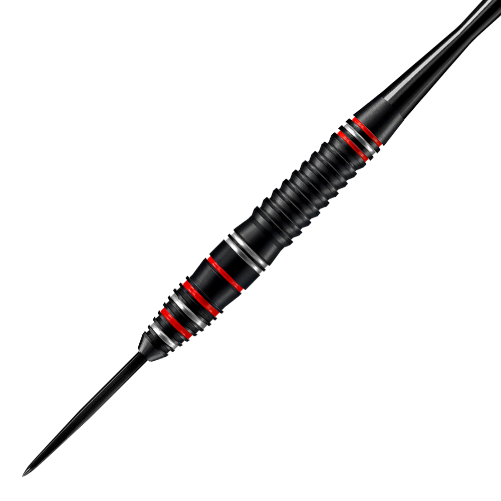 HA28825_Harrows_Fire_High_Grade_Alloy_Steeldarts_2 Das Bild zeigt einen Harrows Fire High Grade Alloy Steeldart. Der Dart ist schwarz mit roten und silbernen Ringen.