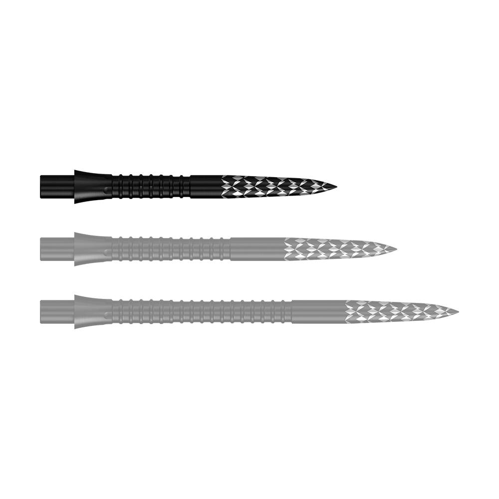 Abgebildet sind Schwarze Steeldartspitzen mit GV-Logo, 26 mm lang. Es handelt sich um Zubehör für Dartpfeile aus der Mission Caliburn EVO Serie.