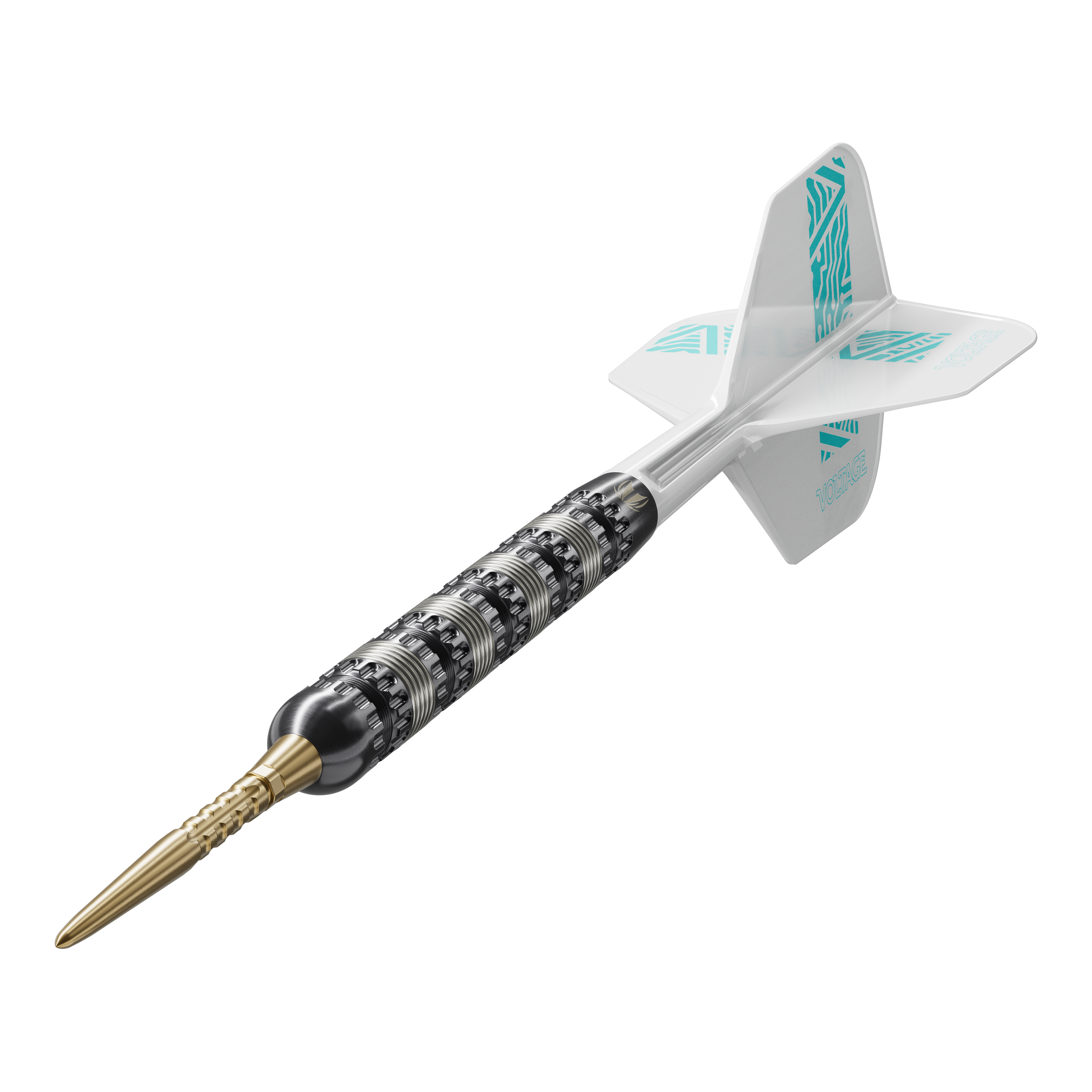 Fléchettes en acier Target Rob Cross 95K Swiss Point Das Bild zeigt einen Target Rob Cross 95K Swiss Point Steeldart. Der Dart hat eine schwarze Griffzone, eine goldene Spitze und weiße Flights mit türkisfarbenem Muster.
