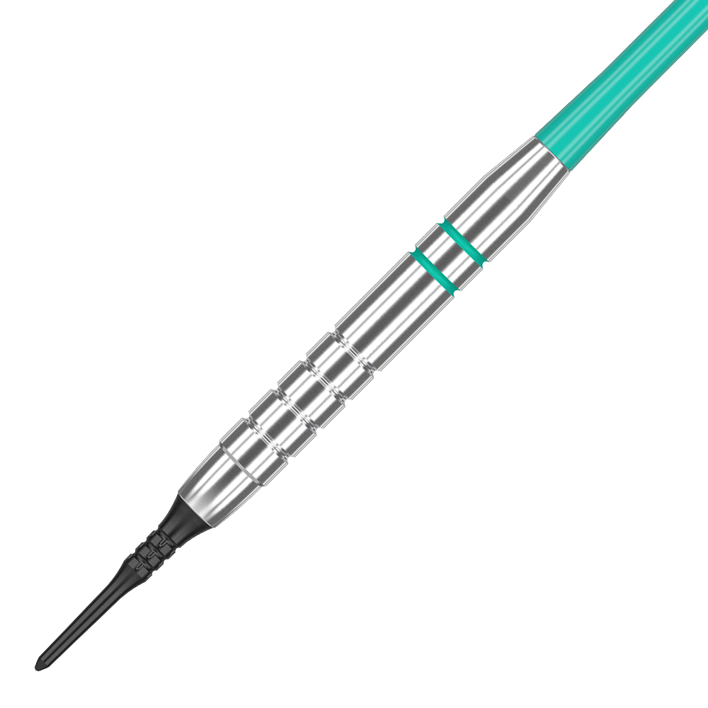 Das Bild zeigt einen Target Rob Cross Silver Voltage Softdart mit einem Gewicht von 18 Gramm. Der Dartpfeil hat ein silbernes Barrel mit türkisfarbenen Akzenten und einer schwarzen Softspitze.