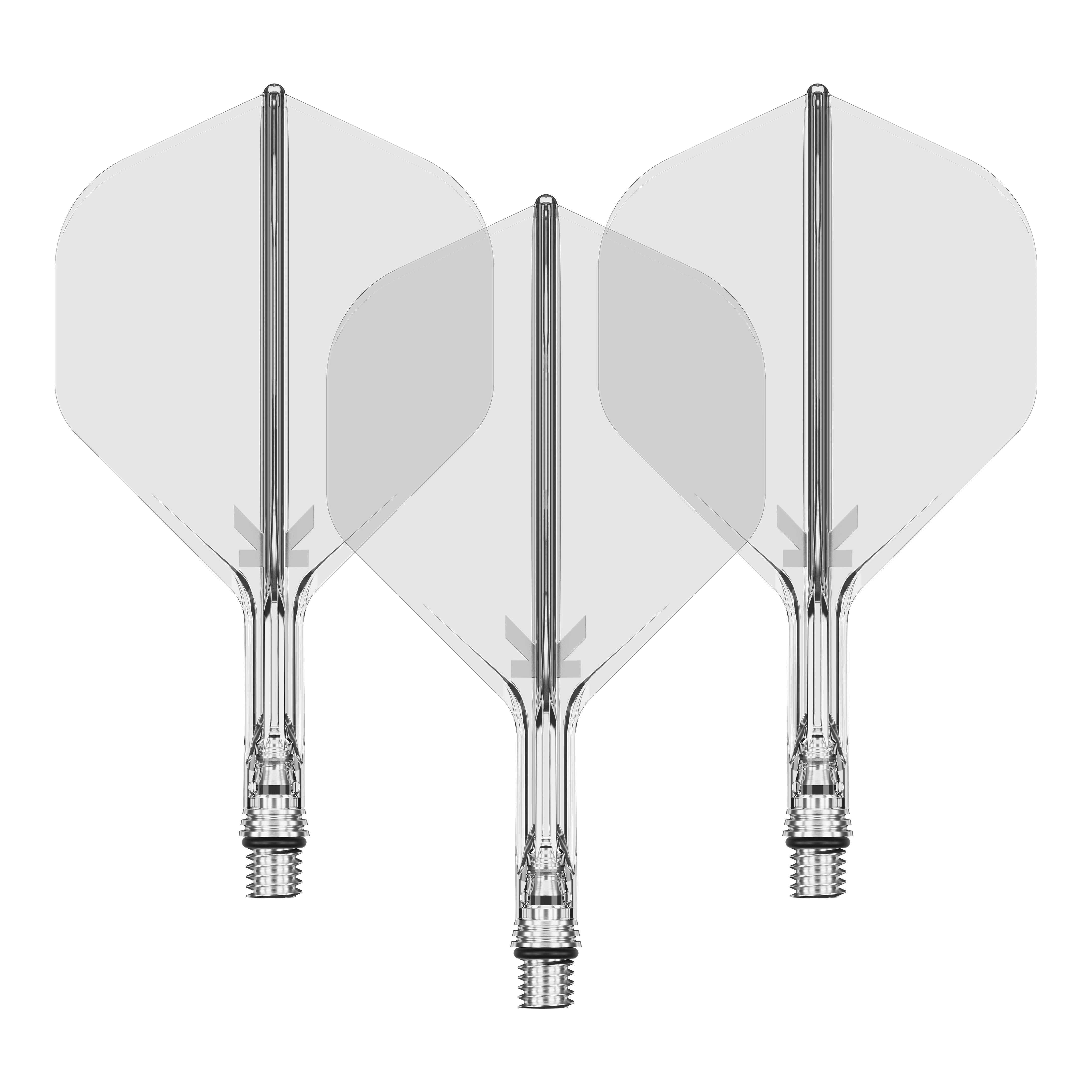Volets standard Target K-Shift n° 2 - Transparent Das Bild zeigt ein Set von Target KShift No2 Standard Flights, klar, mit einer Größe von 19mm. Das Produkt ist ein Zubehör für Darts.