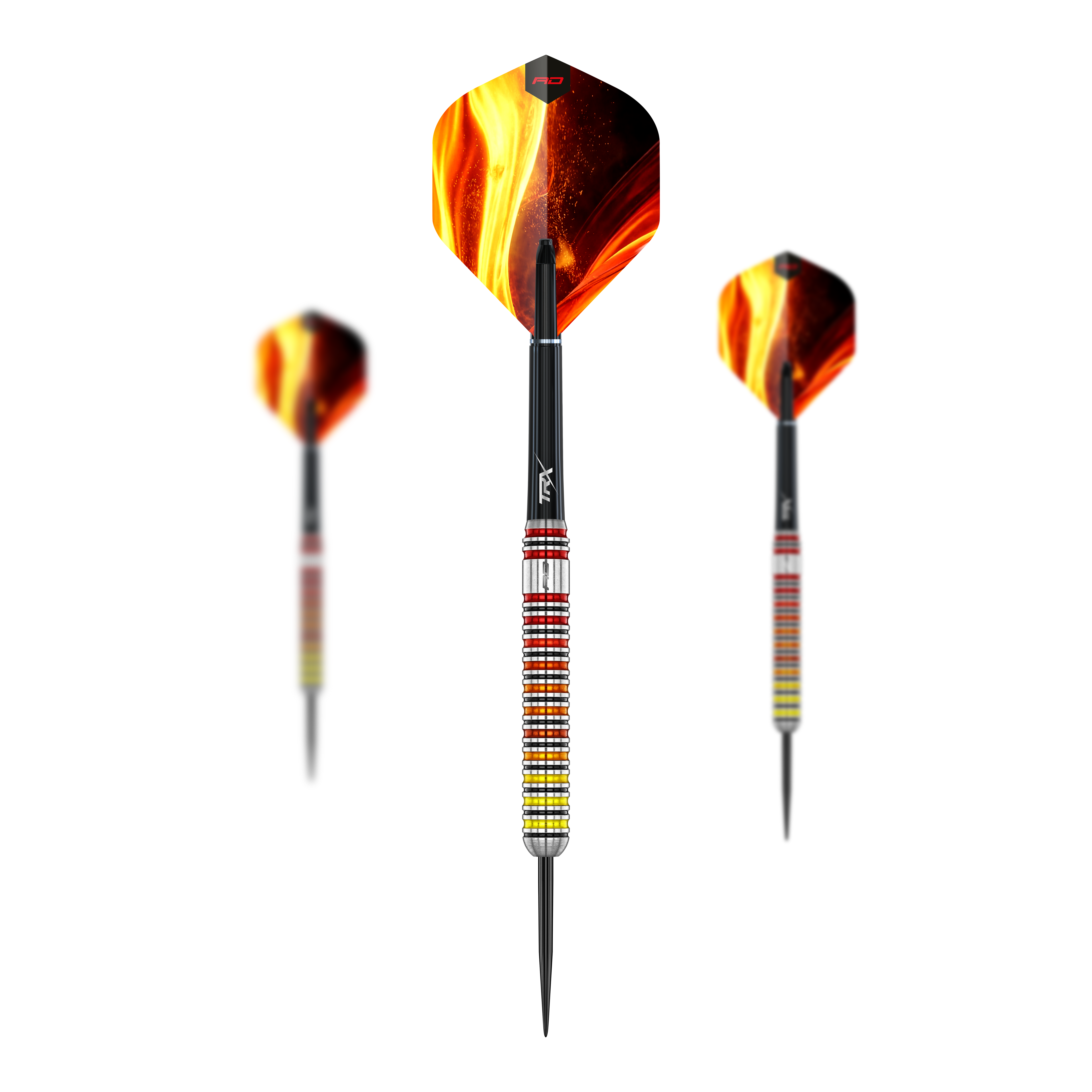 Fléchettes en acier Red Dragon Furnace Hier sehen Sie das Set der Red Dragon Furnace Steeldarts. Die Darts sind in einer geordneten Anordnung dargestellt.