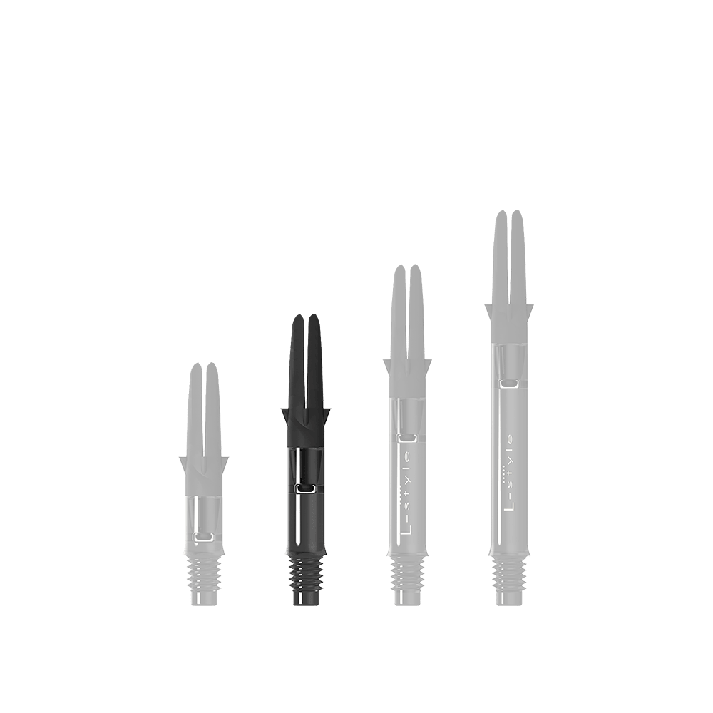 Tige de direction en L en carbone Silent Straight - Noir Das Bild zeigt drei schwarze Dartshafts in unterschiedlicher Länge. Sie sind aus Carbon gefertigt und tragen die Aufschrift "L-Style".