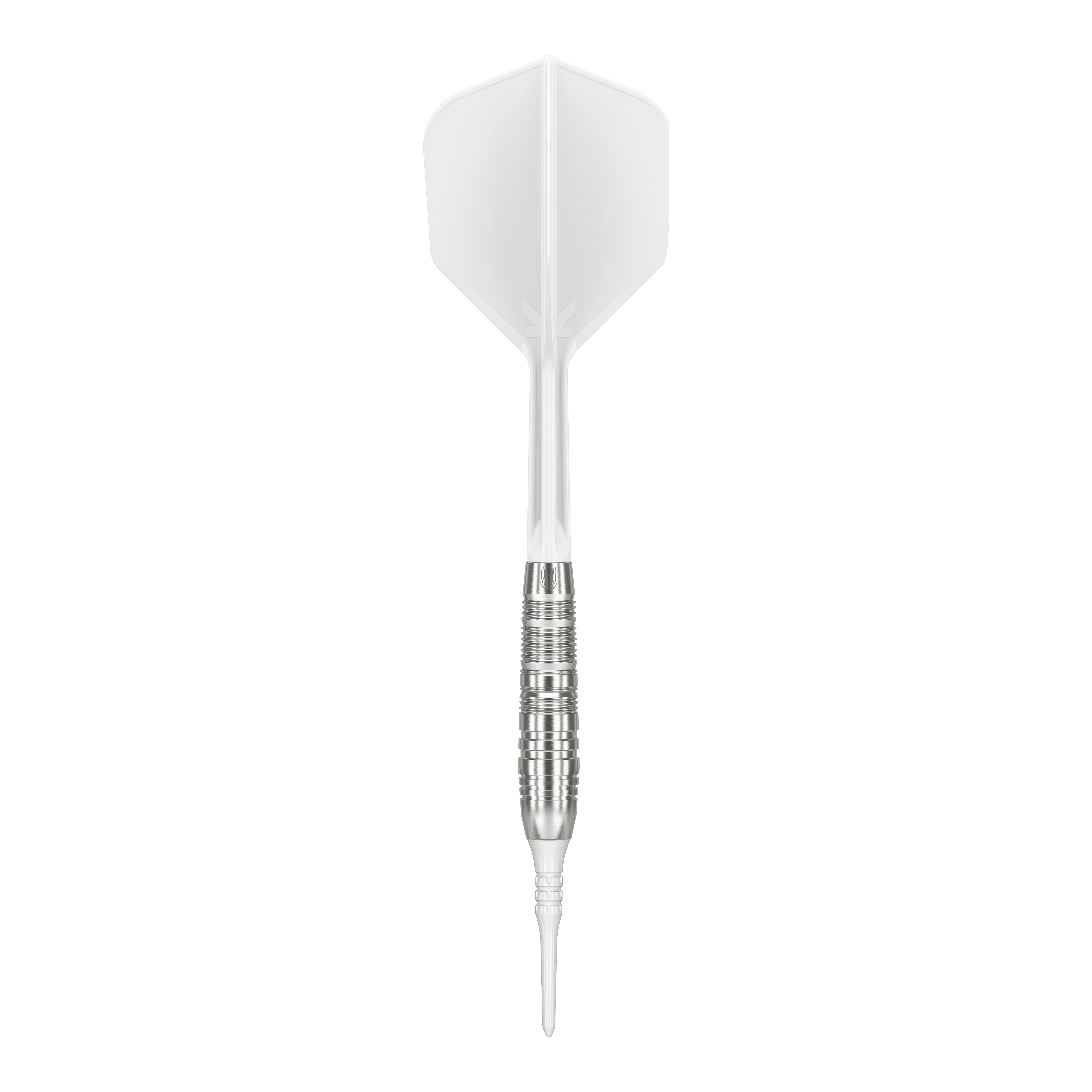 Fléchettes souples Target Japan Crux Trust - 17 g Das Bild zeigt einen Target Japan Crux Trust Softdart mit einem Gewicht von 17 Gramm. Der Dart hat einen silbernen, gerillten Schaft und weiße Flights.