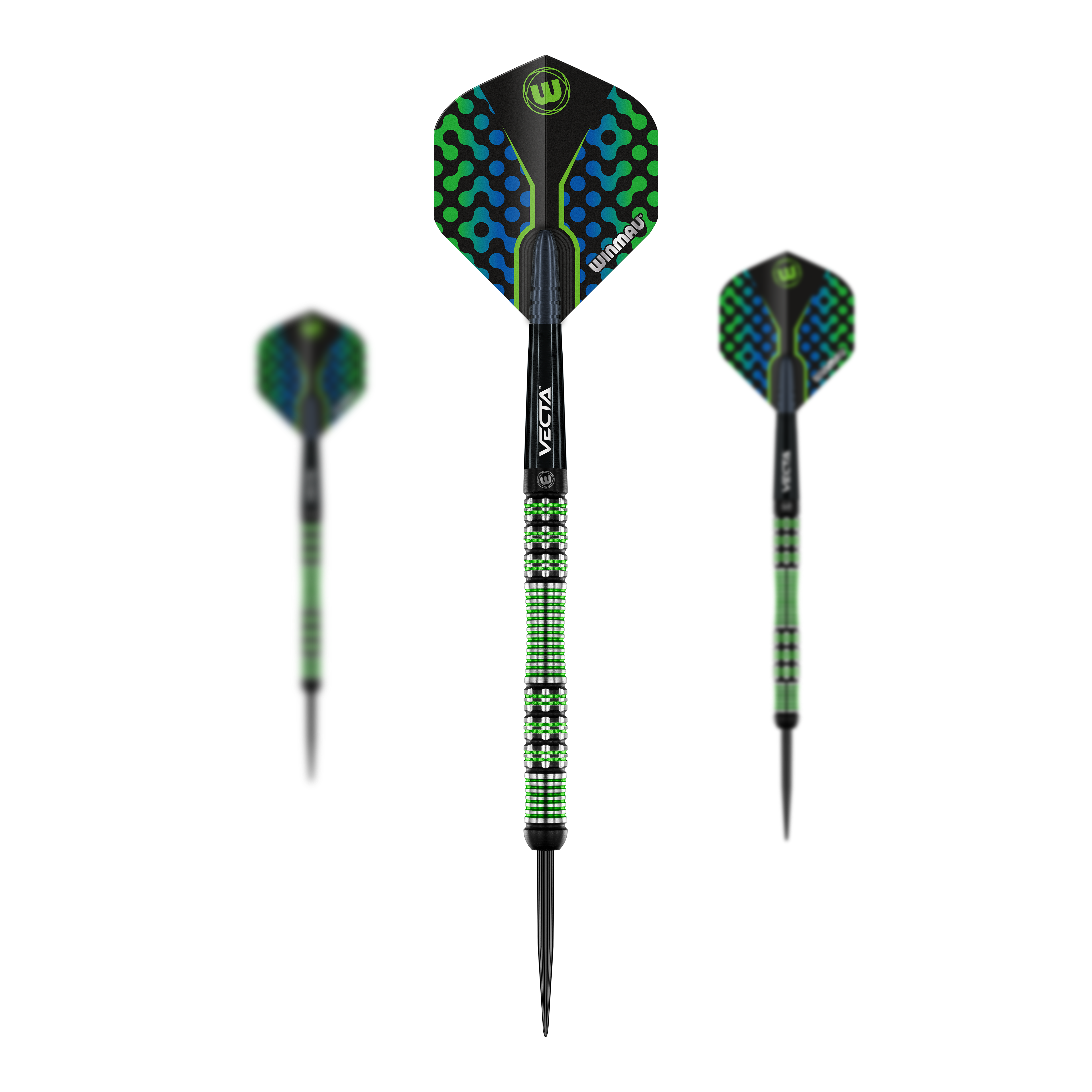 Fléchettes en acier Winmau Brendan Dolan Das Bild zeigt drei Winmau Brendan Dolan Steeldarts mit auffälligem grün-blauem Design. Die Darts haben schwarz-grün gemusterte Griffe und schwarze Spitzen.