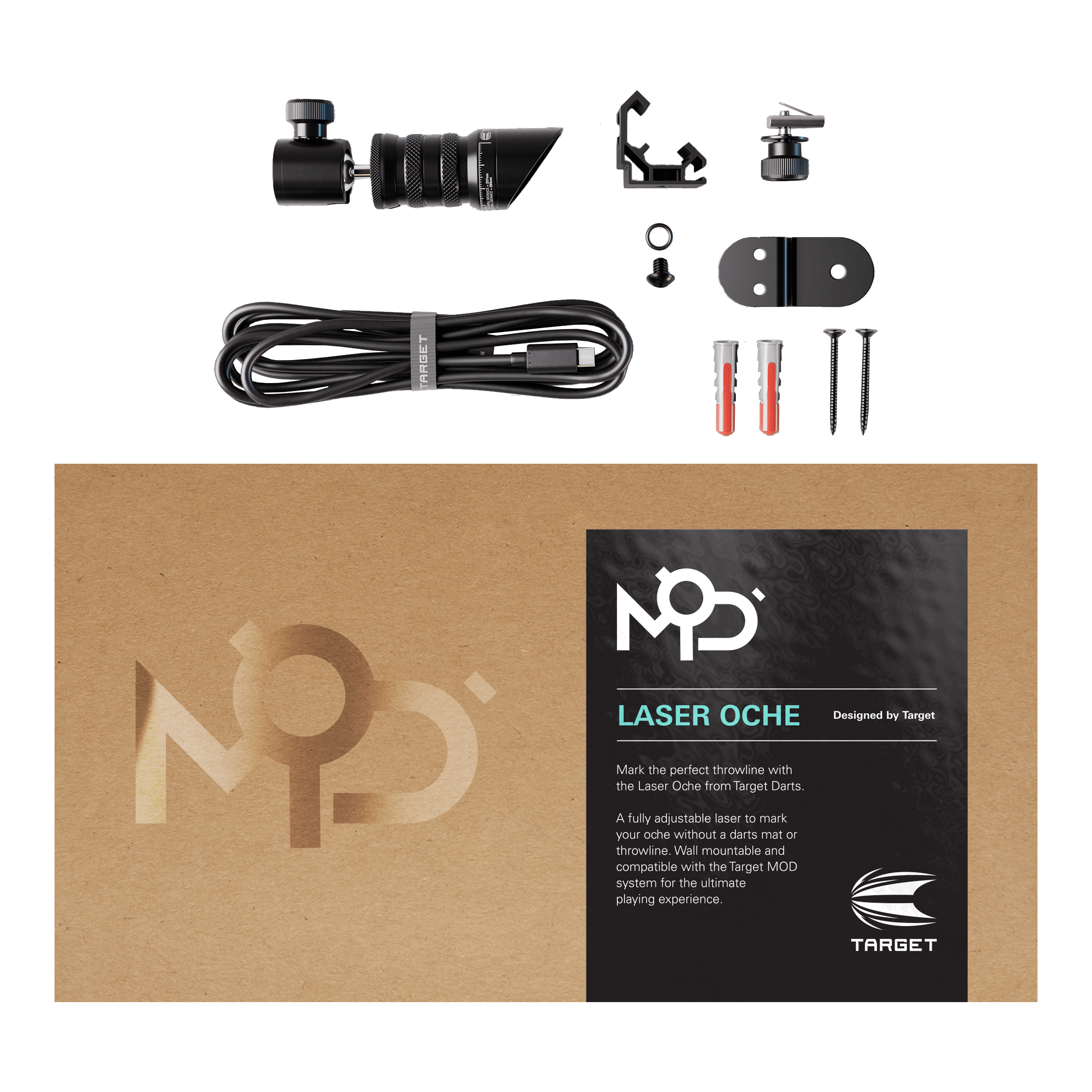 Das Bild zeigt das Produkt „Target MOD Laser Oche“ mit allen enthaltenen Teilen, wie Kabel, Schrauben und Montagematerial. Die Verpackung liegt im Vordergrund und trägt die Produktbezeichnung sowie eine kurze Beschreibung.