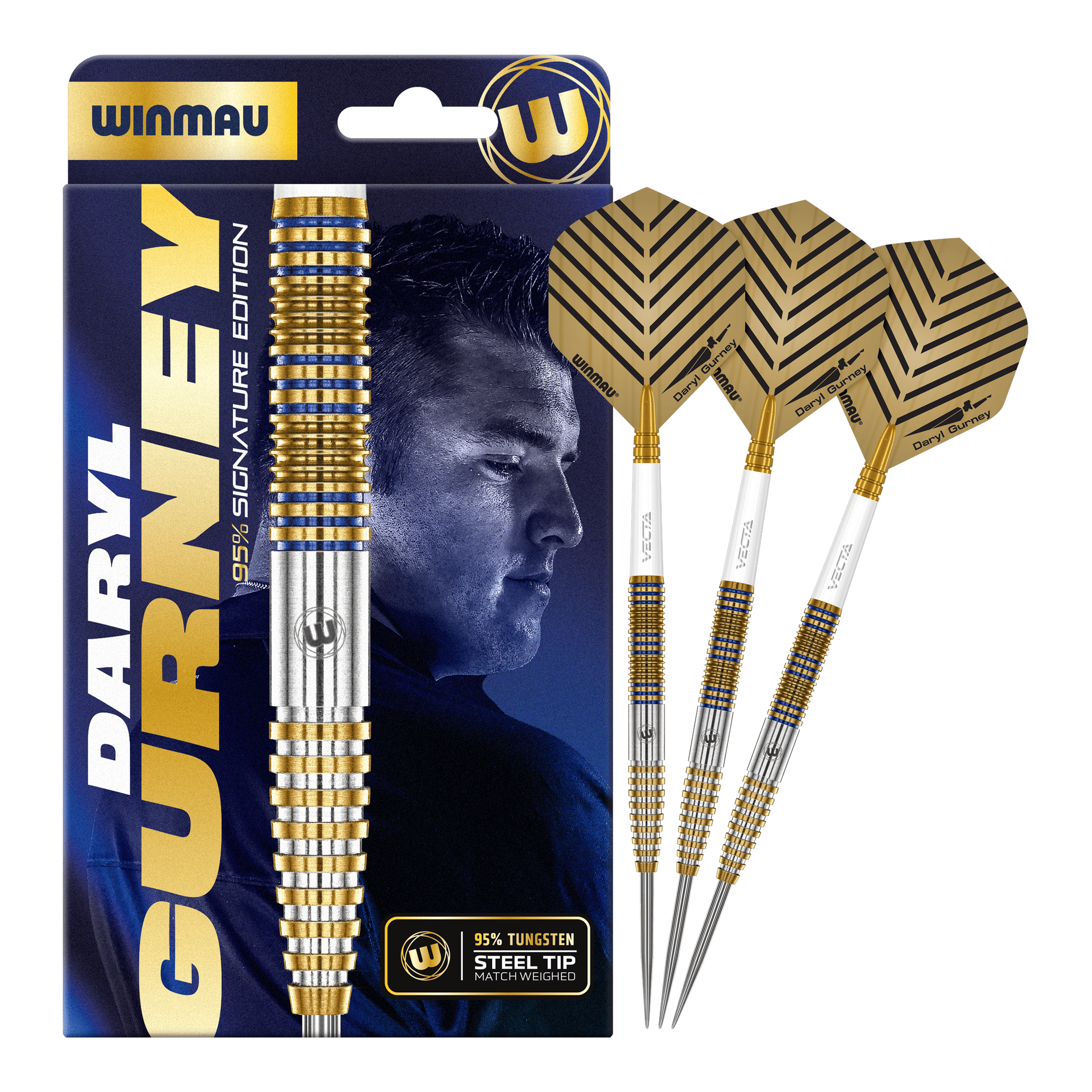 Fléchettes en acier Winmau Daryl Gurney Signature Edition - 23 g Abgebildet ist das Set Winmau Daryl Gurney Signature Edition Steeldarts - 23g. Die Pfeile zeichnen sich durch ihre hochwertige Verarbeitung aus.