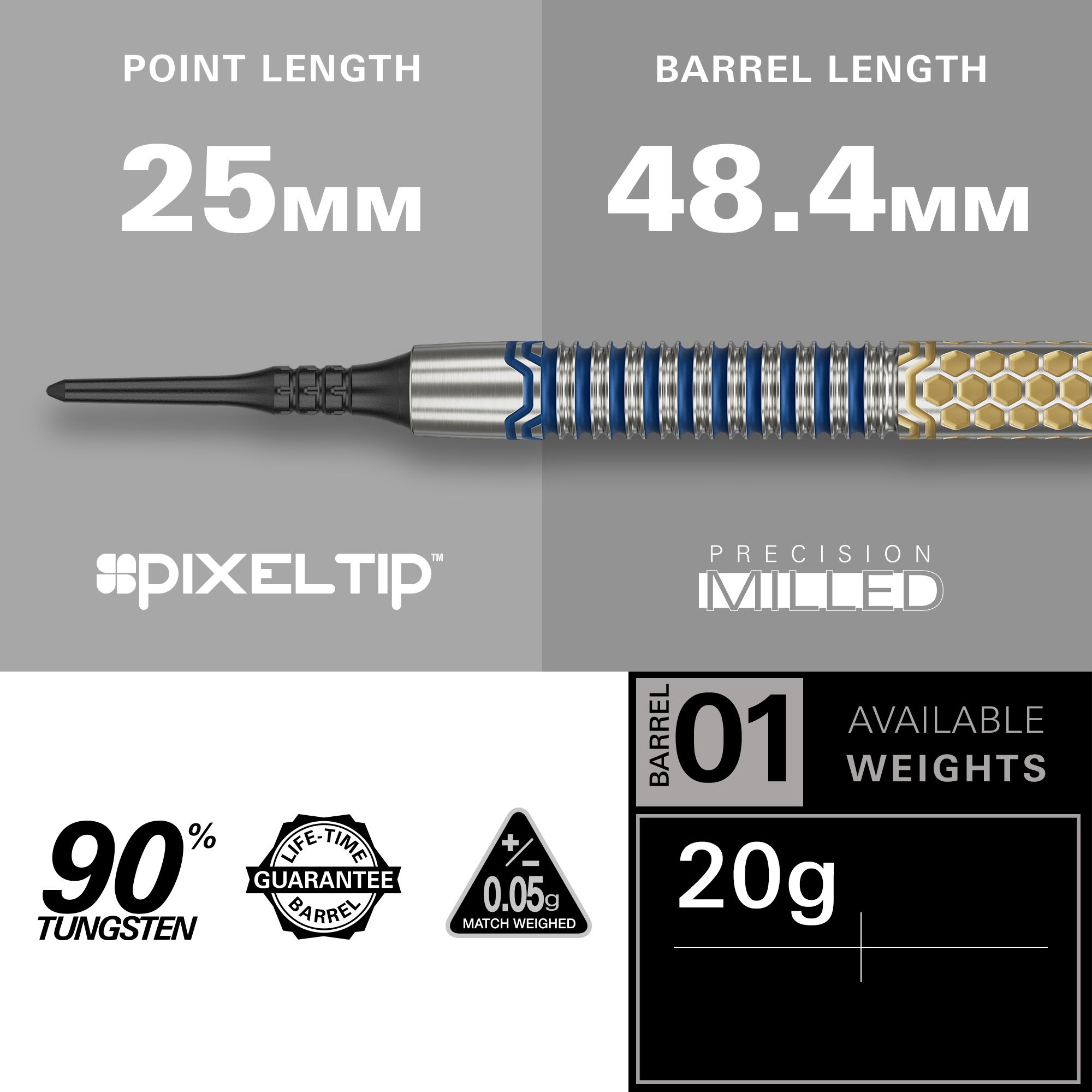 Fléchettes souples Target Josh Rock GEN1 - 20 g Das Bild zeigt den Softdart "Target Josh Rock GEN1" mit einem Gewicht von 20g. Der Dart hat eine Spitzenlänge von 25 mm, eine Barrel-Länge von 48,4 mm und besteht zu 90% aus Tungsten.