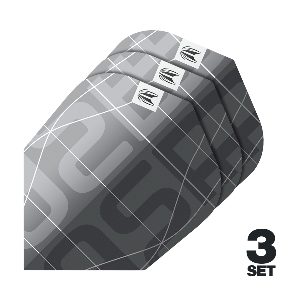 Ailettes Target Pro Ultra Aspinall X Echo No6 - 3 jeux Das Bild zeigt drei Sätze Target Pro Ultra Aspinall X Echo No6 Flights für Darts. Die Flights haben ein modernes, graues Design mit weißen Linien und einem kleinen Logo.