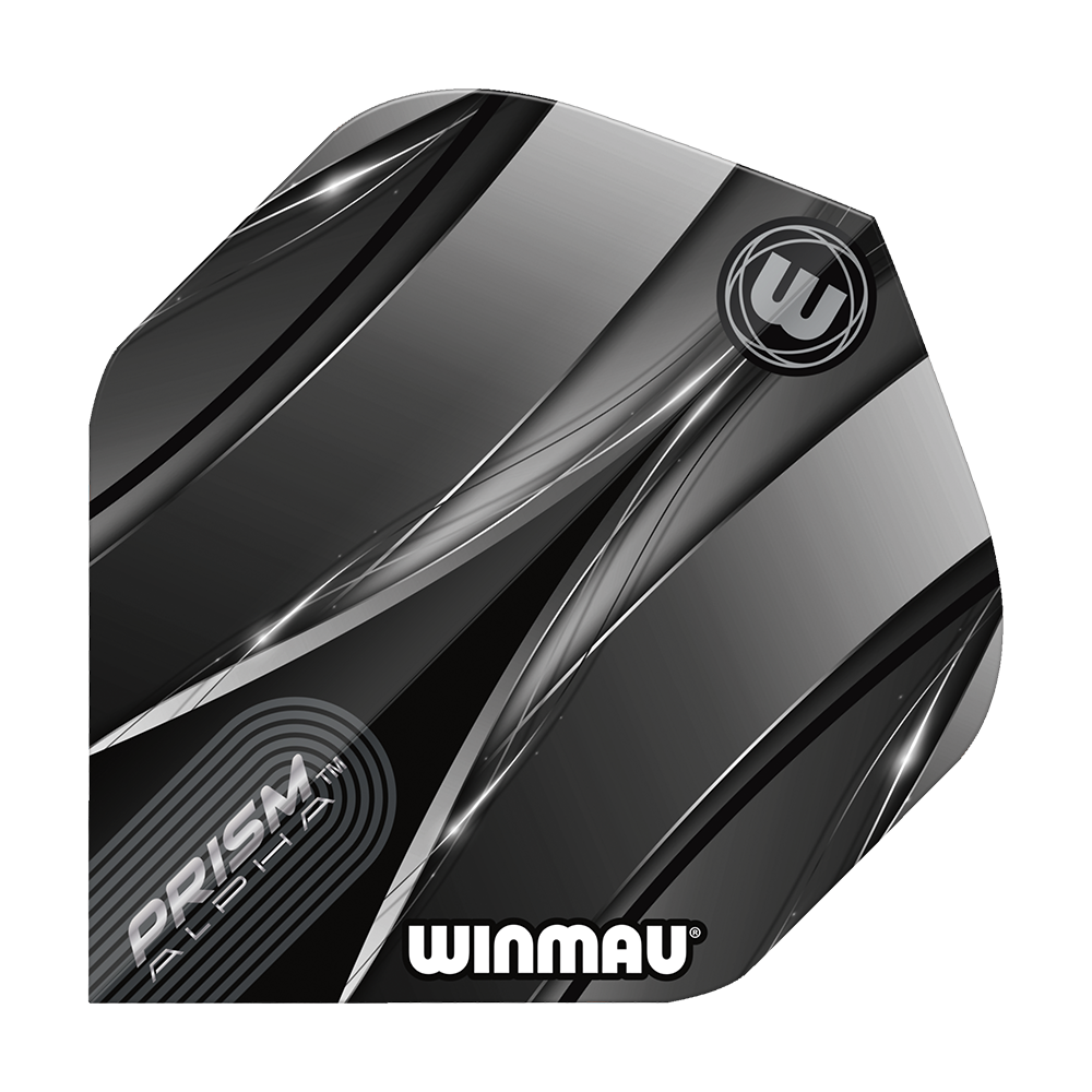 Vols standard Winmau Alpha Sniper noirs Das Bild zeigt einen Winmau Alpha Sniper Black Standard Flight für Darts. Das Design ist überwiegend schwarz und silber mit stilisierten Linien und dem Winmau-Logo.