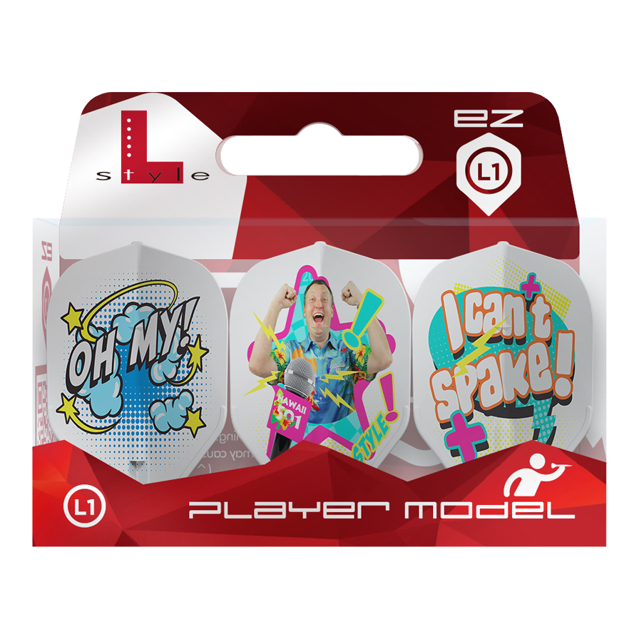 Vols blancs Wayne Mardle Type B L1EZ de style L Die Verpackung zeigt die L-Style Wayne Mardle Type B L1EZ White Flights. Die Flights sind farbenfroh gestaltet und tragen Comic-Sprüche wie „OH MY!“ und „I can’t spake!“.