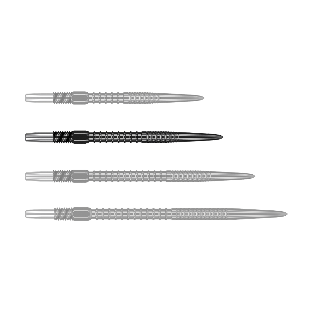 Pointes de fléchettes Target Swiss Firepoint Black Auf dem Bild sind vier schwarze Dartspitzen zu sehen, die nebeneinander liegen. Sie haben ein geriffeltes Design und bestehen aus Metall.