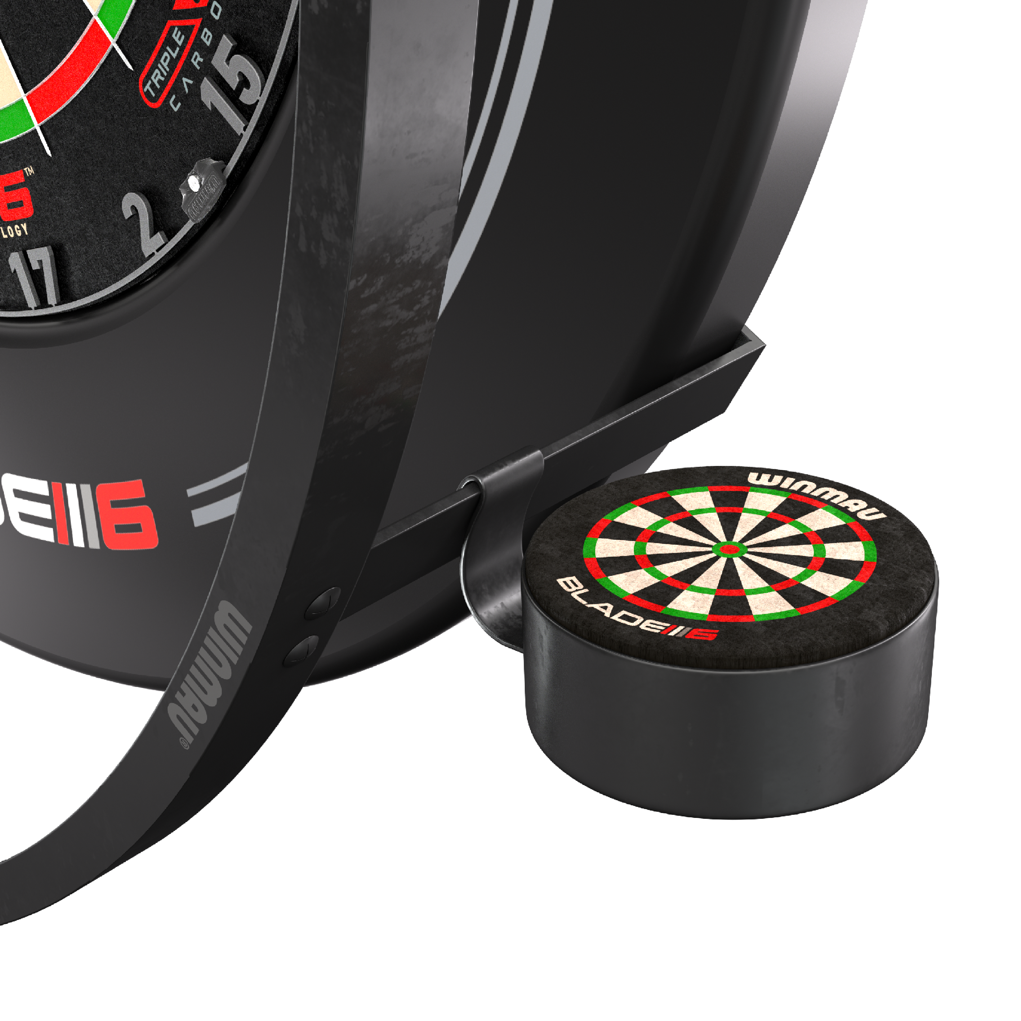 Ensemble d'accessoires plasma Winmau Das Bild zeigt das Winmau Plasma Zubehör Set für Dartscheiben. Zu sehen sind Teile des Zubehörs sowie ein Element mit einem aufgedruckten Dartboard-Design.