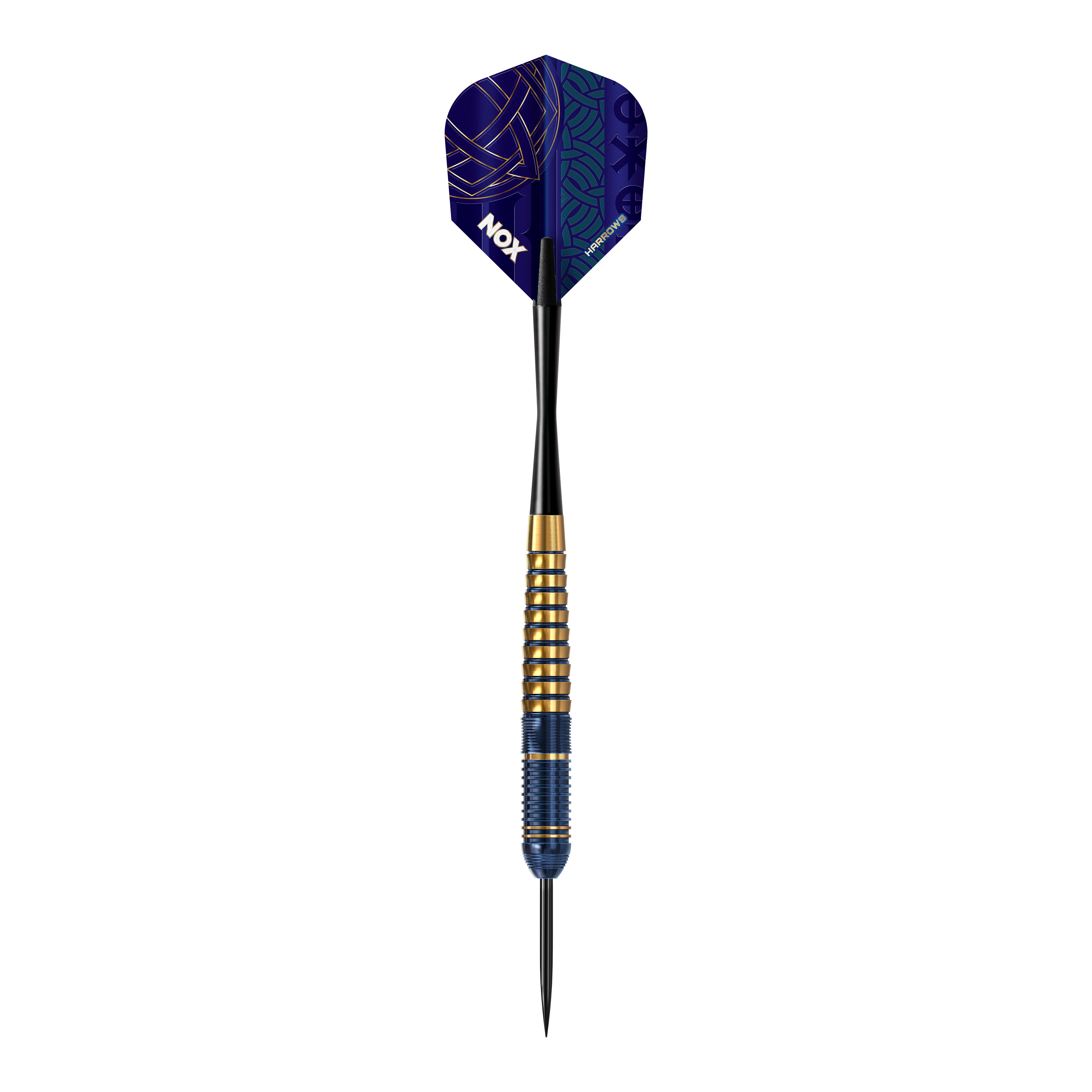Das Bild präsentiert die Harrows Nox Premium Brass Steeldarts. Diese Pfeile sind ideal für Steeldart-Spieler und bieten eine gute Verarbeitung.