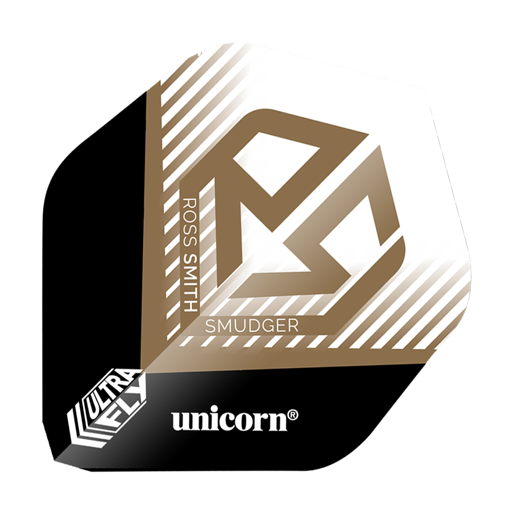 Volets Unicorn Ultrafly 100 Ross Smith Smudger AR1 Das Bild zeigt einen Dartflight mit der Aufschrift „ROSS SMITH SMUDGER“ und einem goldenen Logo auf weißem Hintergrund. Unten befinden sich die Markenbezeichnungen „ultrafly“ und „unicorn“.