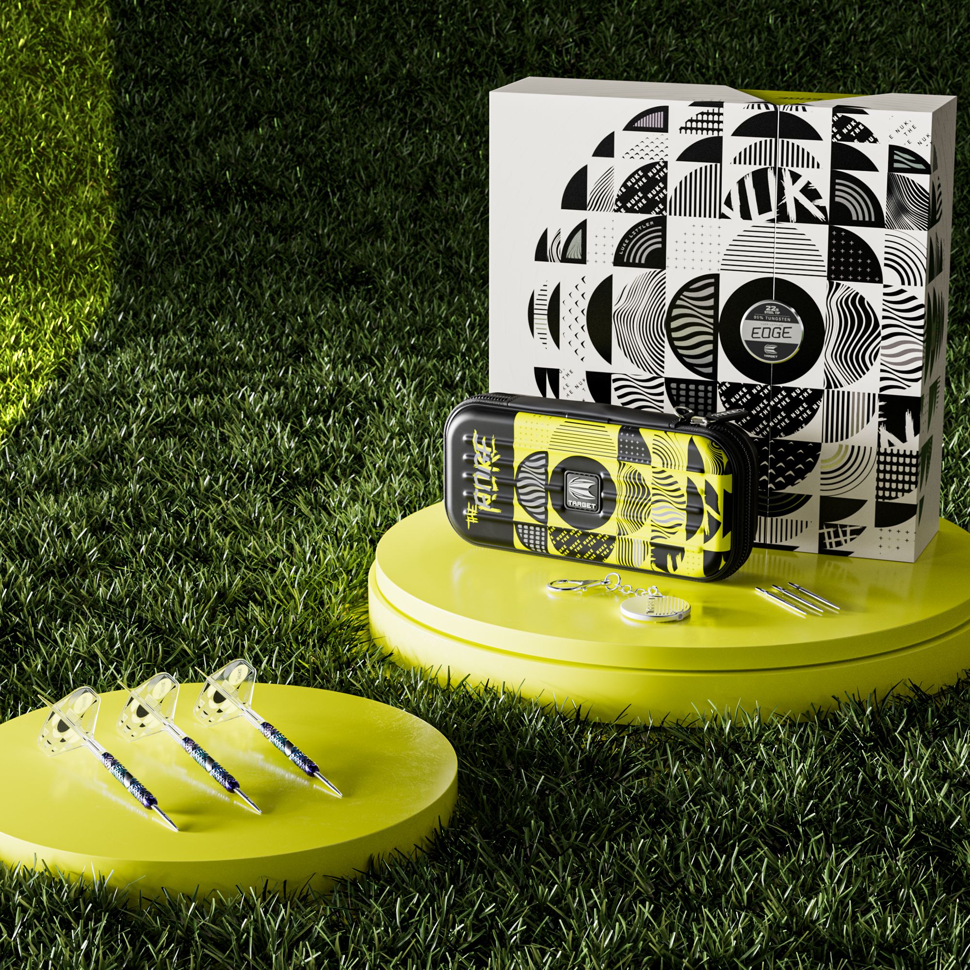 Abgebildet sind die Target Luke Littler Edge Swiss Point Steeldarts. Sie bieten eine hochwertige Verarbeitung und ein modernes Design.