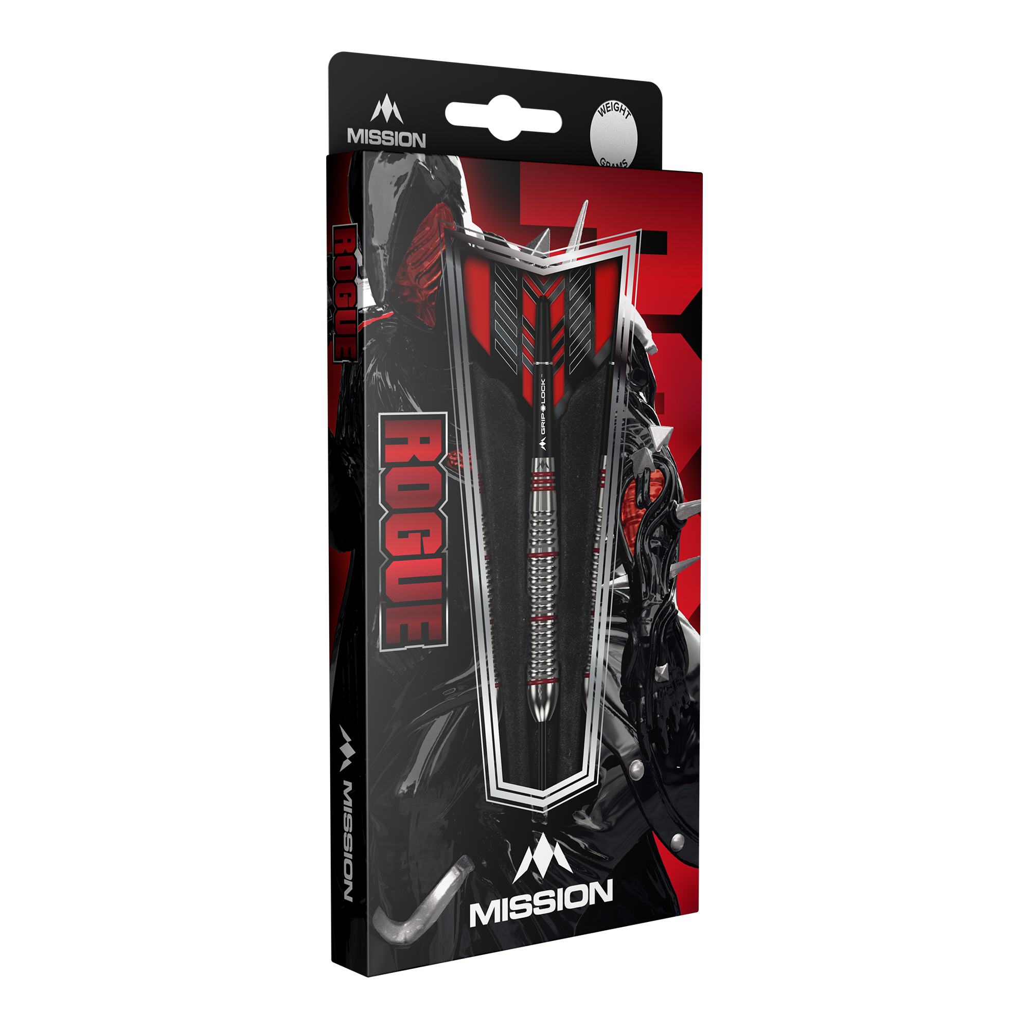 Fléchettes Mission Rogue en acier laitonné - 22 g Die Abbildung zeigt die Verpackung der "Mission Rogue Brass Steeldarts - 22g". Die Verpackung ist überwiegend schwarz und rot gestaltet und zeigt den Dartpfeil sowie das Rogue-Logo deutlich.