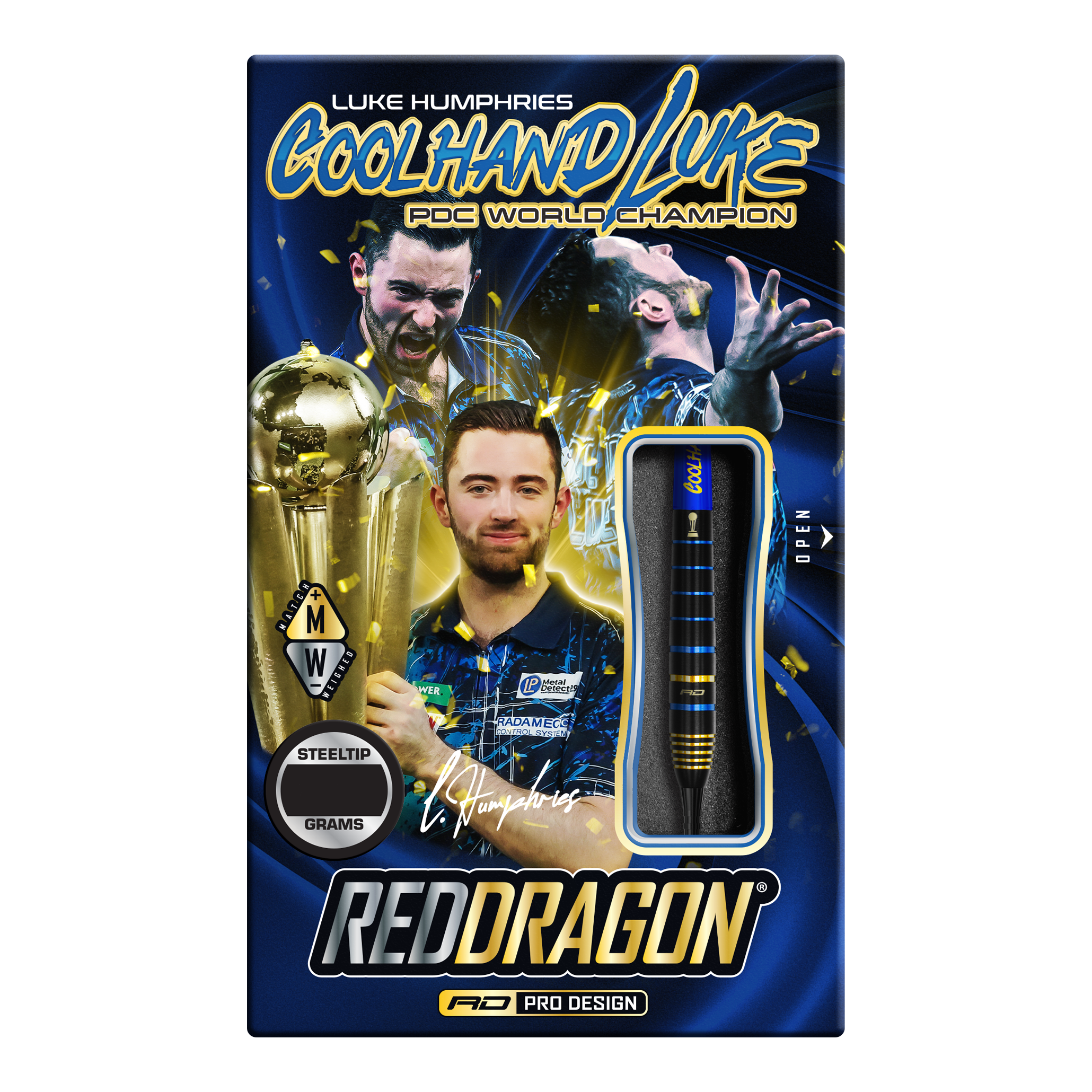Fléchettes en acier Red Dragon Luke Humphries TX4 Avenger Die Verpackung zeigt die "Red Dragon Luke Humphries TX4 Avenger Steeldarts" mit einem Bild von Luke Humphries als PDC Weltmeister. Die Darts sind im Design sichtbar und die Packung ist in Blau und Gold gestaltet.