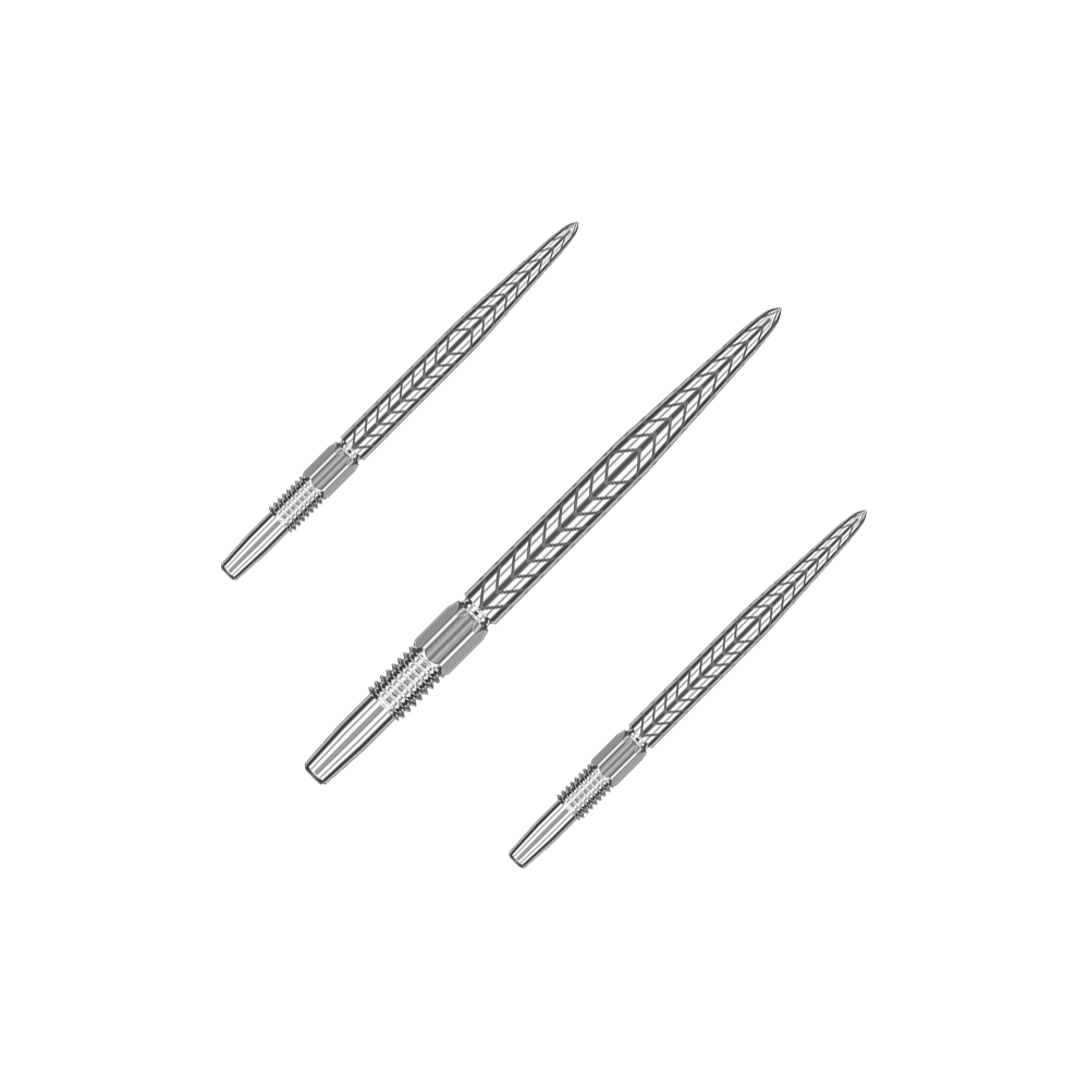 Auf dem Bild sind drei silberne Dartspitzen abgebildet. Sie haben ein dekoratives Muster und sind in einer diagonalen Linie angeordnet.