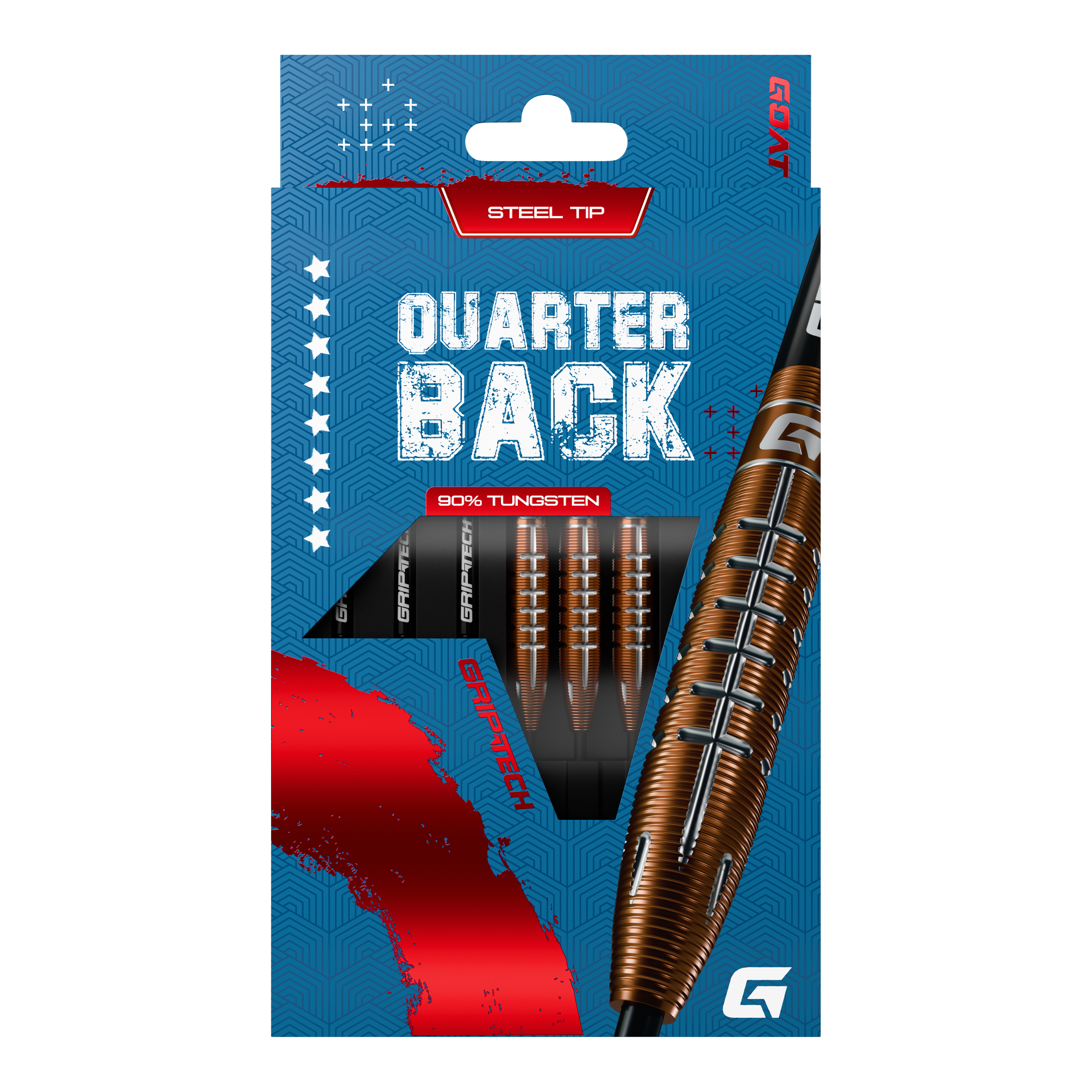Fléchettes GOAT Quarterback V2 en acier tungstène - 24 g Die Verpackung zeigt die "GOAT Quarterback V2 Tungsten Steeldarts - 24g" mit Stahlspitze. Die Darts bestehen zu 90% aus Tungsten und haben ein modernes Design.